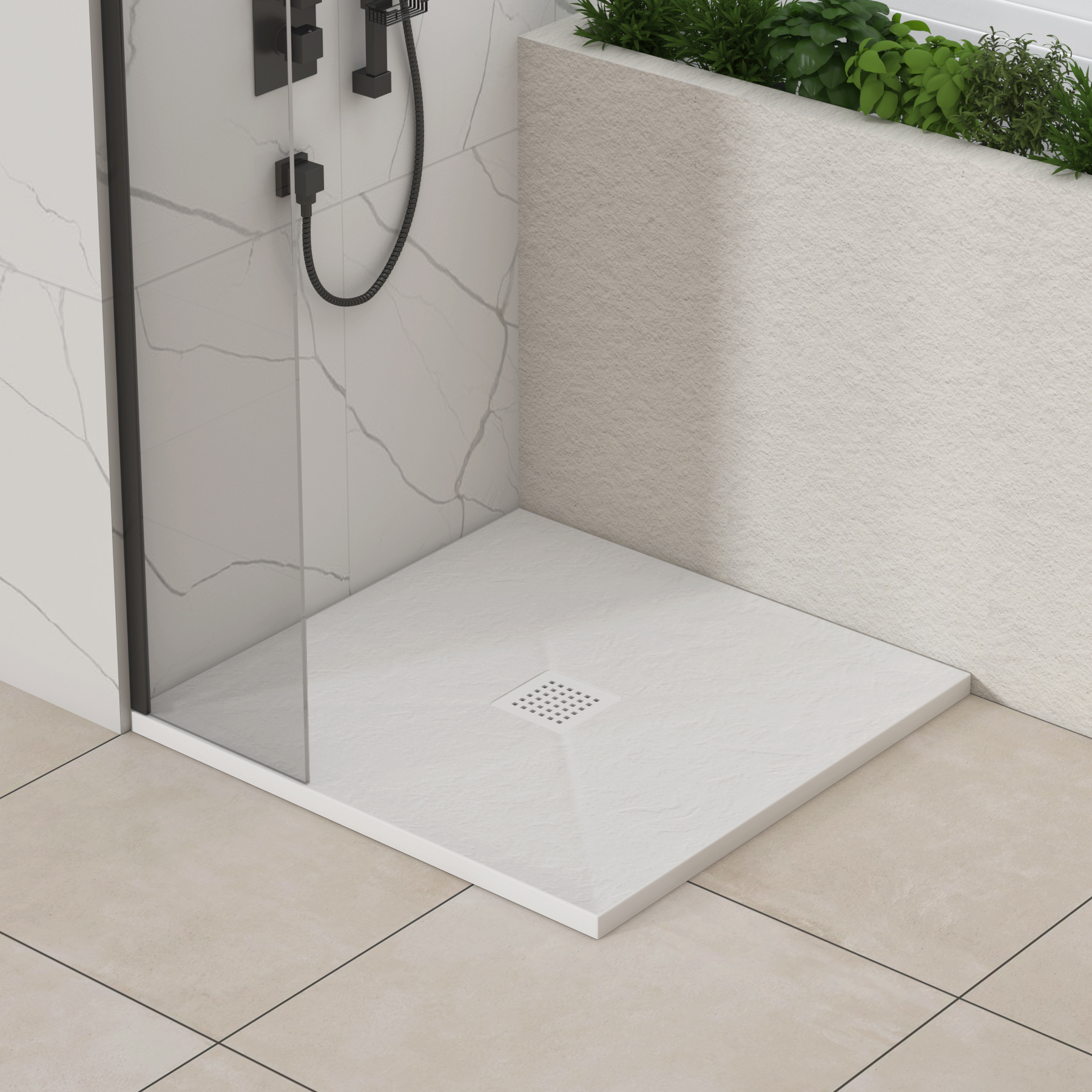 Luxor Square White Slate Effect Stone Shower Tray with White Grate