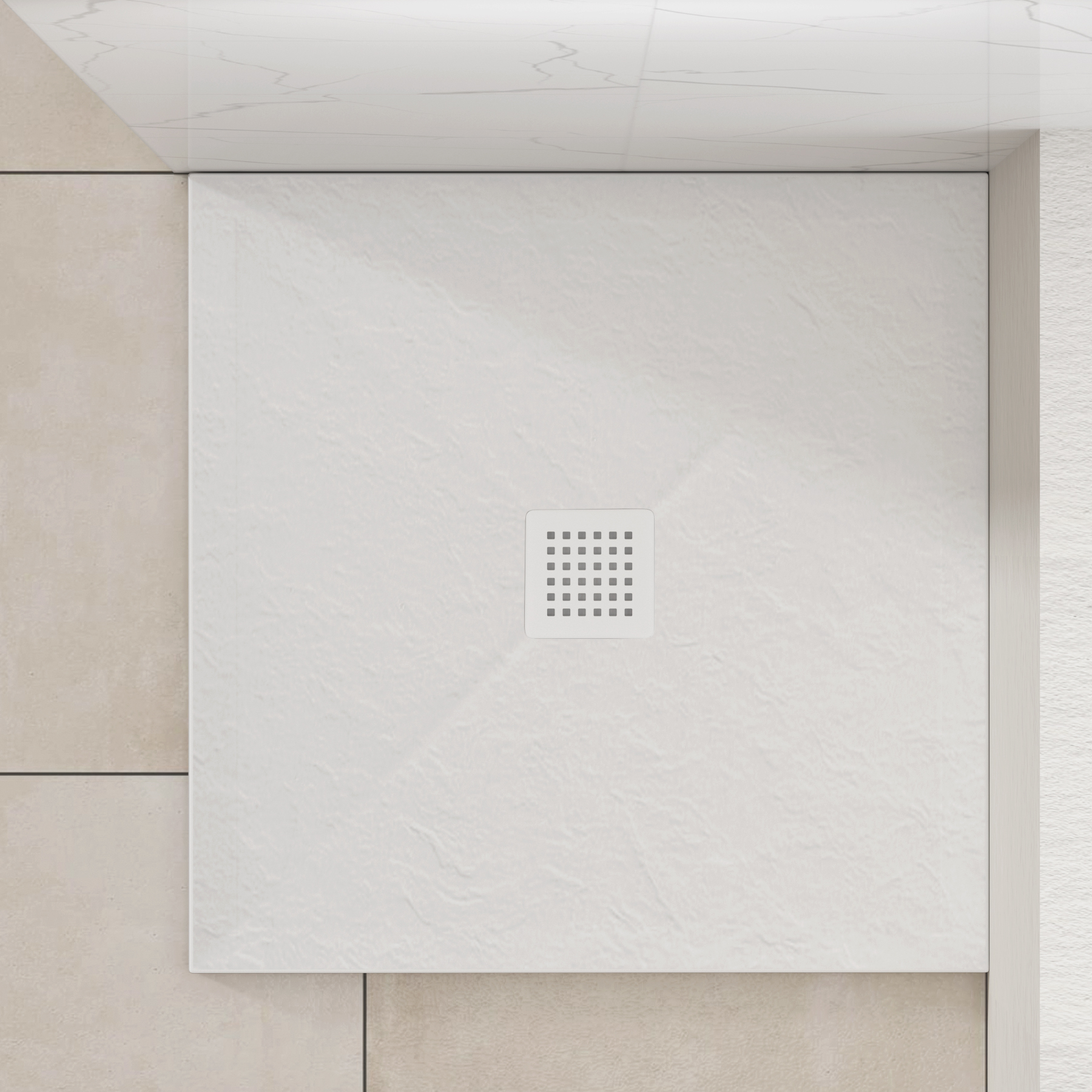 Luxor Square White Slate Effect Stone Shower Tray with White Grate