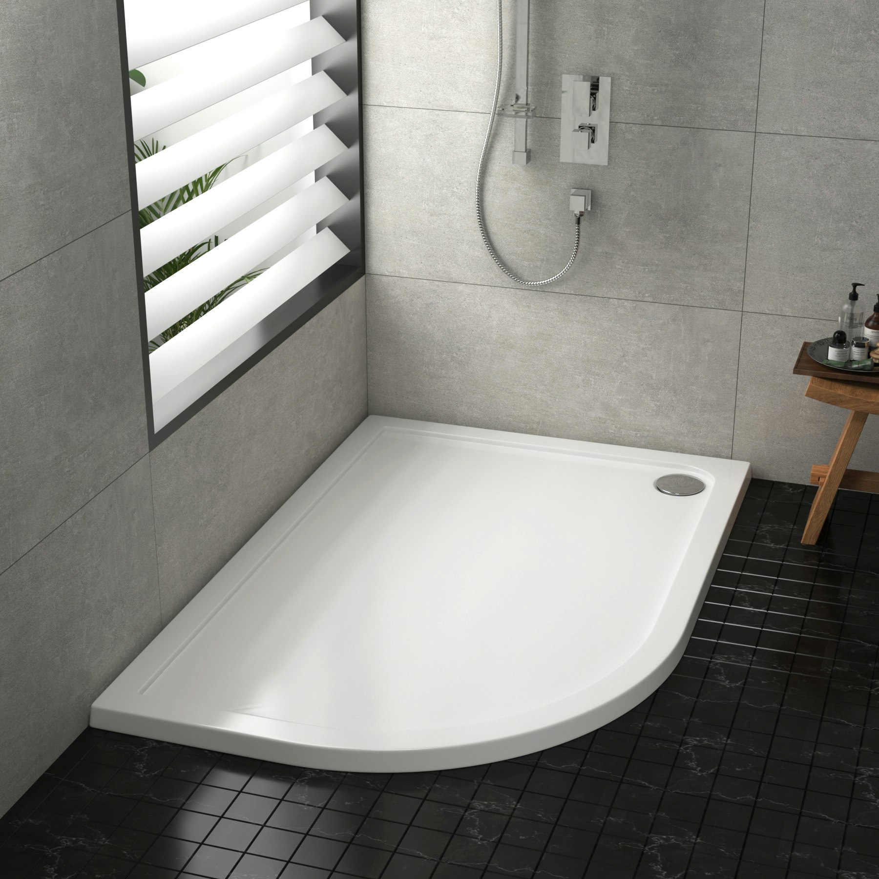 Hudson Reed Left Handed Offset Pearlstone Shower Tray for Shower Enclosures with Riser Kit
