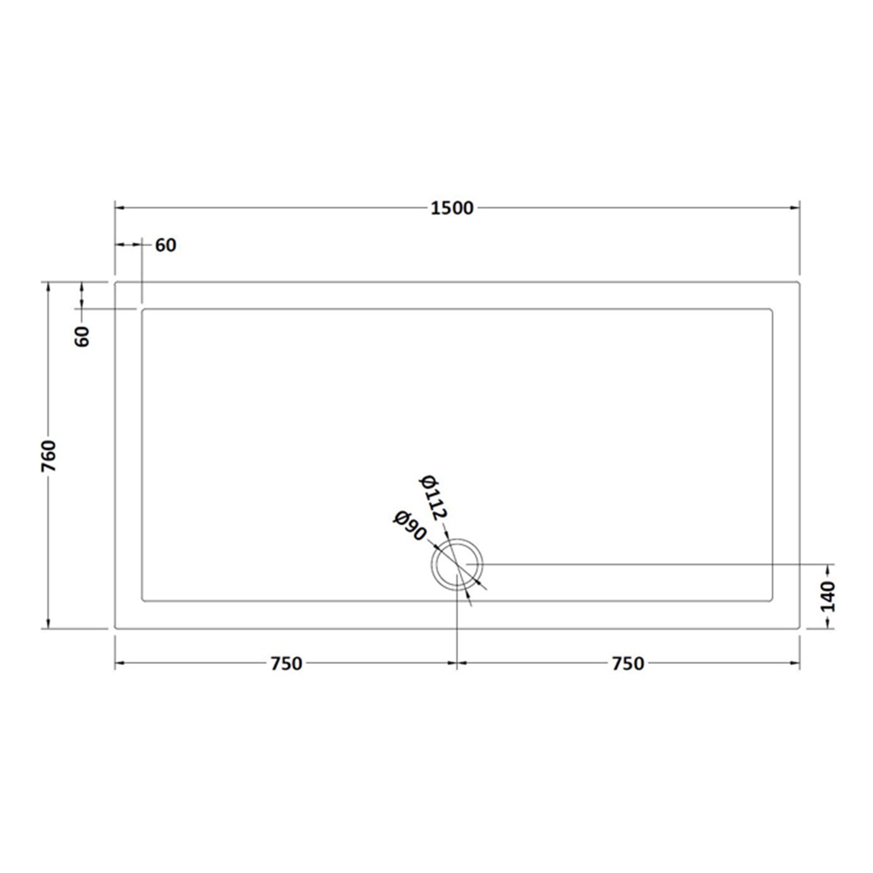 Hudson Reed Rectangular Pearlstone Shower Tray 1500 x 760 x 40