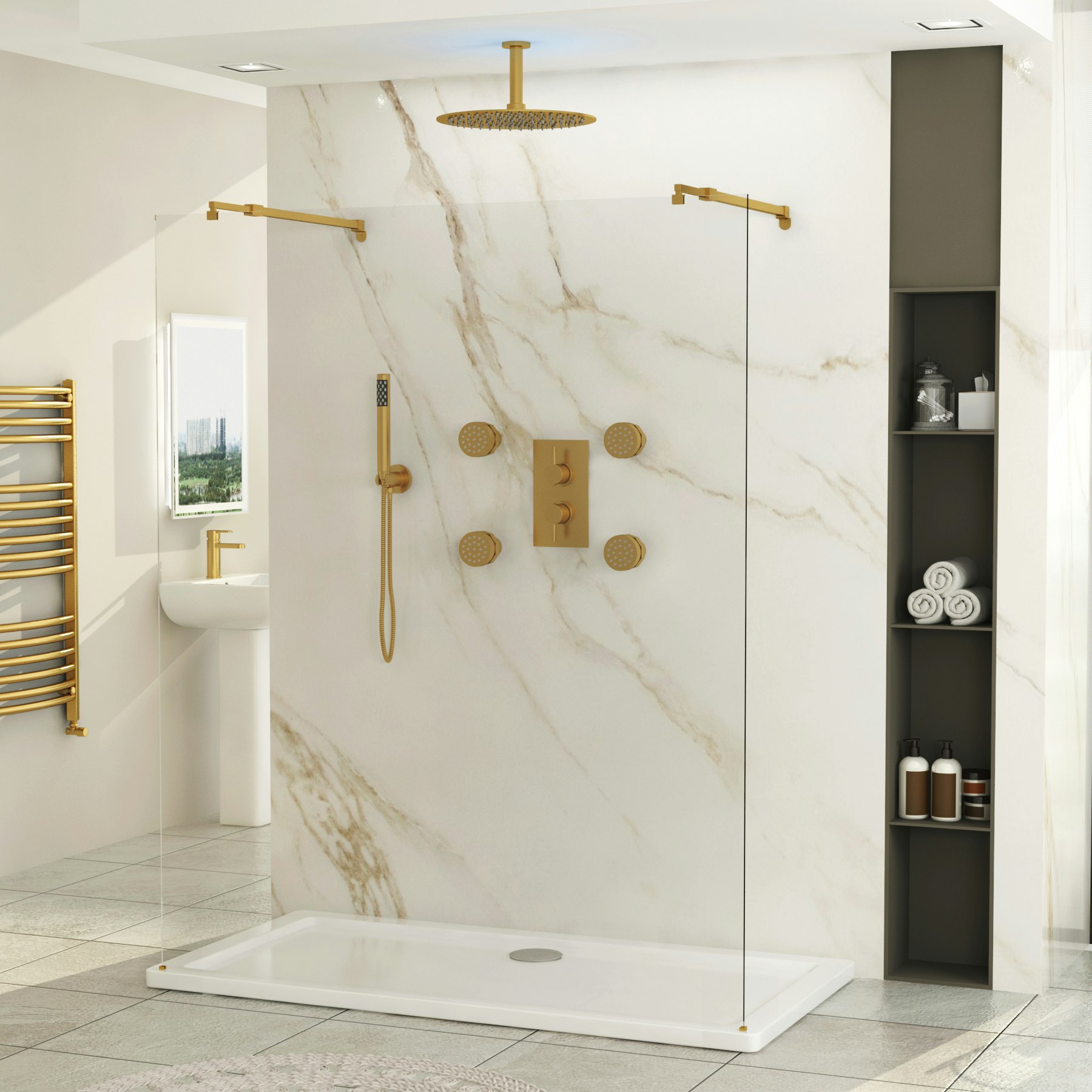 Marbella Walk Through Wet Room Shower Screen 8mm - 2 Brushed Brass Support Arms