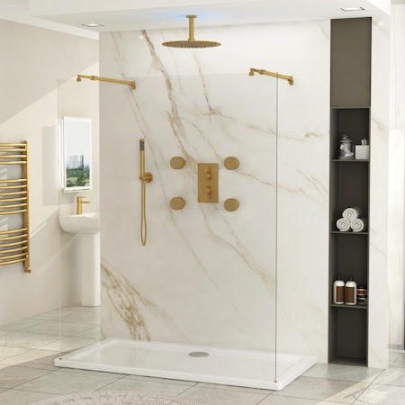 Marbella 1200mm Walk Through Wet Room Shower Screen 8mm - 2  Brushed Brass Support Arms