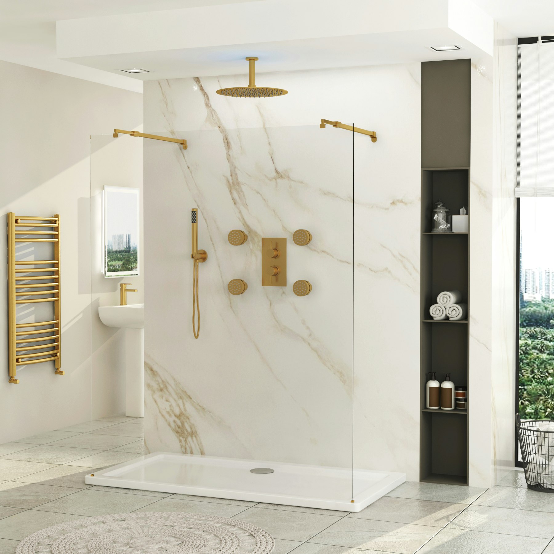 Marbella Walk Through Wet Room Shower Screen 8mm 2 Gold Support Arms