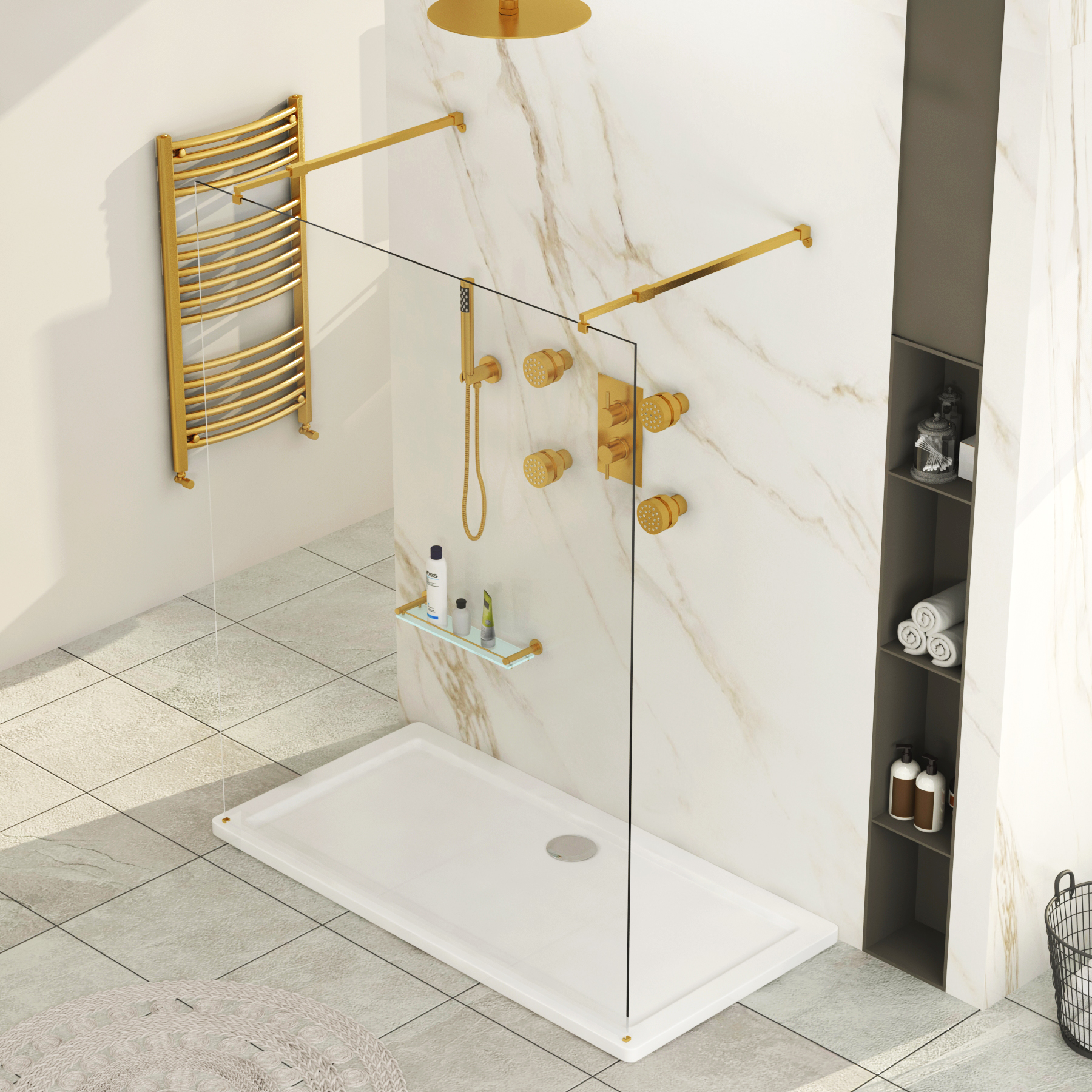 Marbella Walk Through Wet Room Shower Screen 8mm - 2 Brushed Brass Support Arms