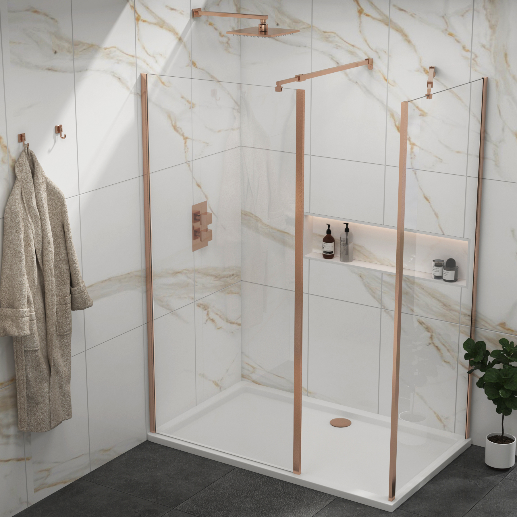 Marbella Brushed Bronze Walk In Shower Enclosure with Outer Frame & 1700 x 900mm Tray 8mm Easy Clean Glass