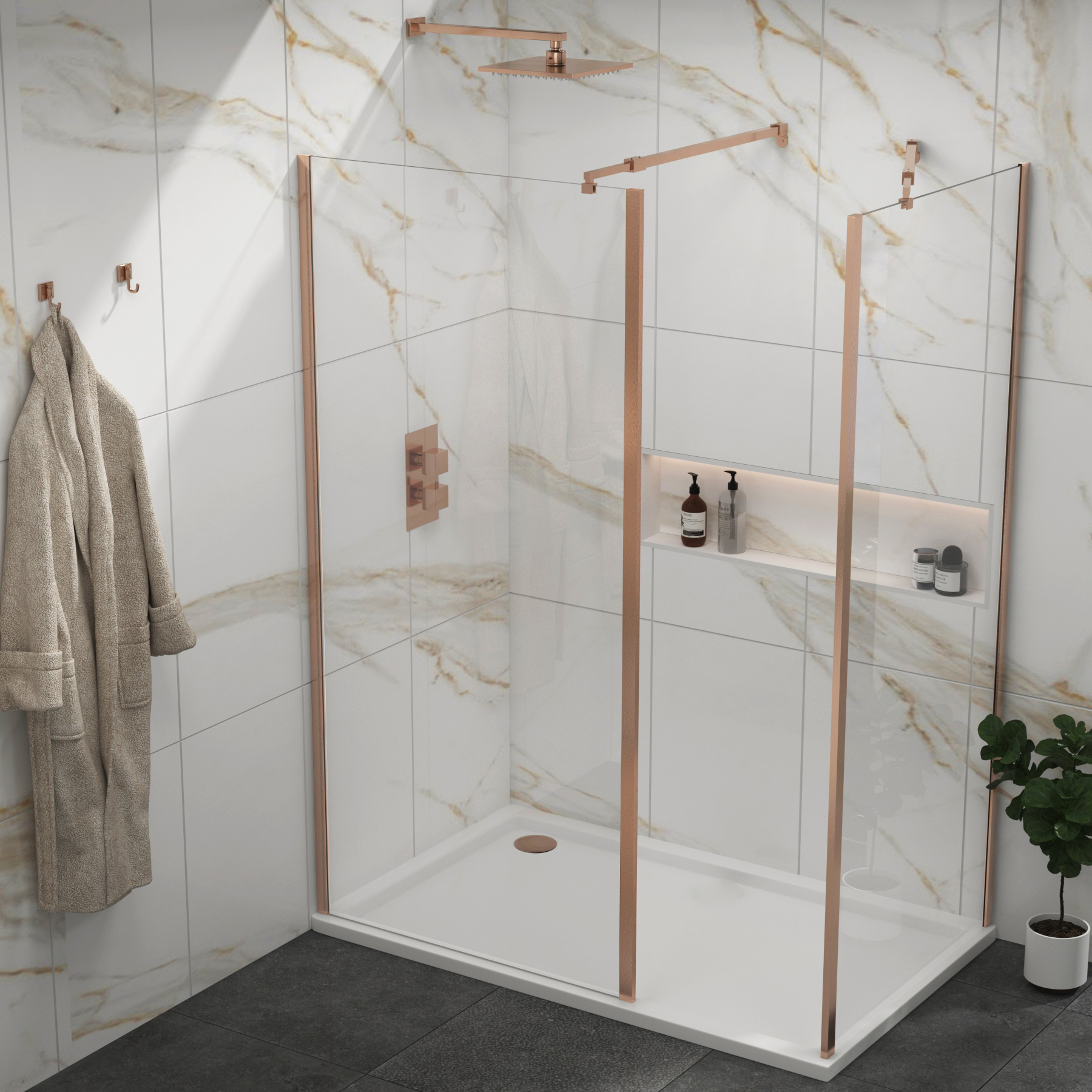 Marbella Brushed Bronze Walk In Shower Enclosure with Outer Frame & Shower Tray 8mm Easy Clean Glass