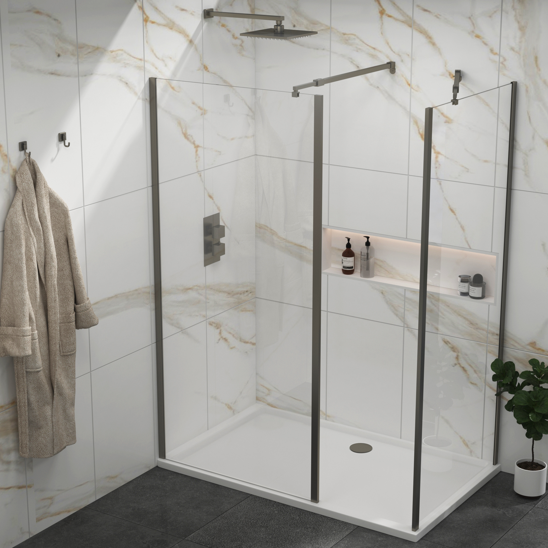 Marbella Gun Metal Grey Walk In Shower Enclosure with Outer Frame & 1700 x 900mm Tray 8mm Easy Clean Glass