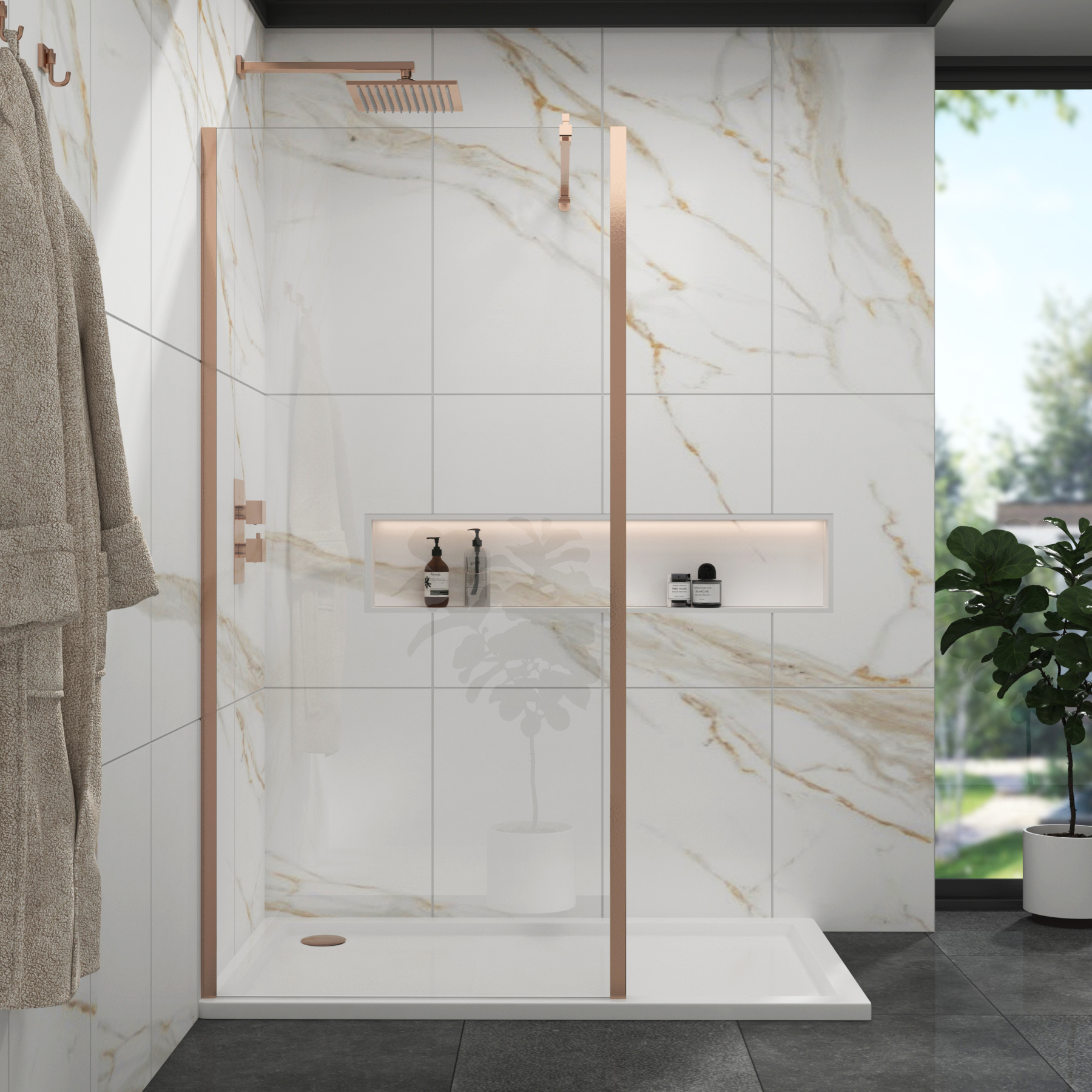 Marbella Brushed Bronze Walk in Wet Room Shower Screen with Outer Frame 8mm Easy Clean Glass