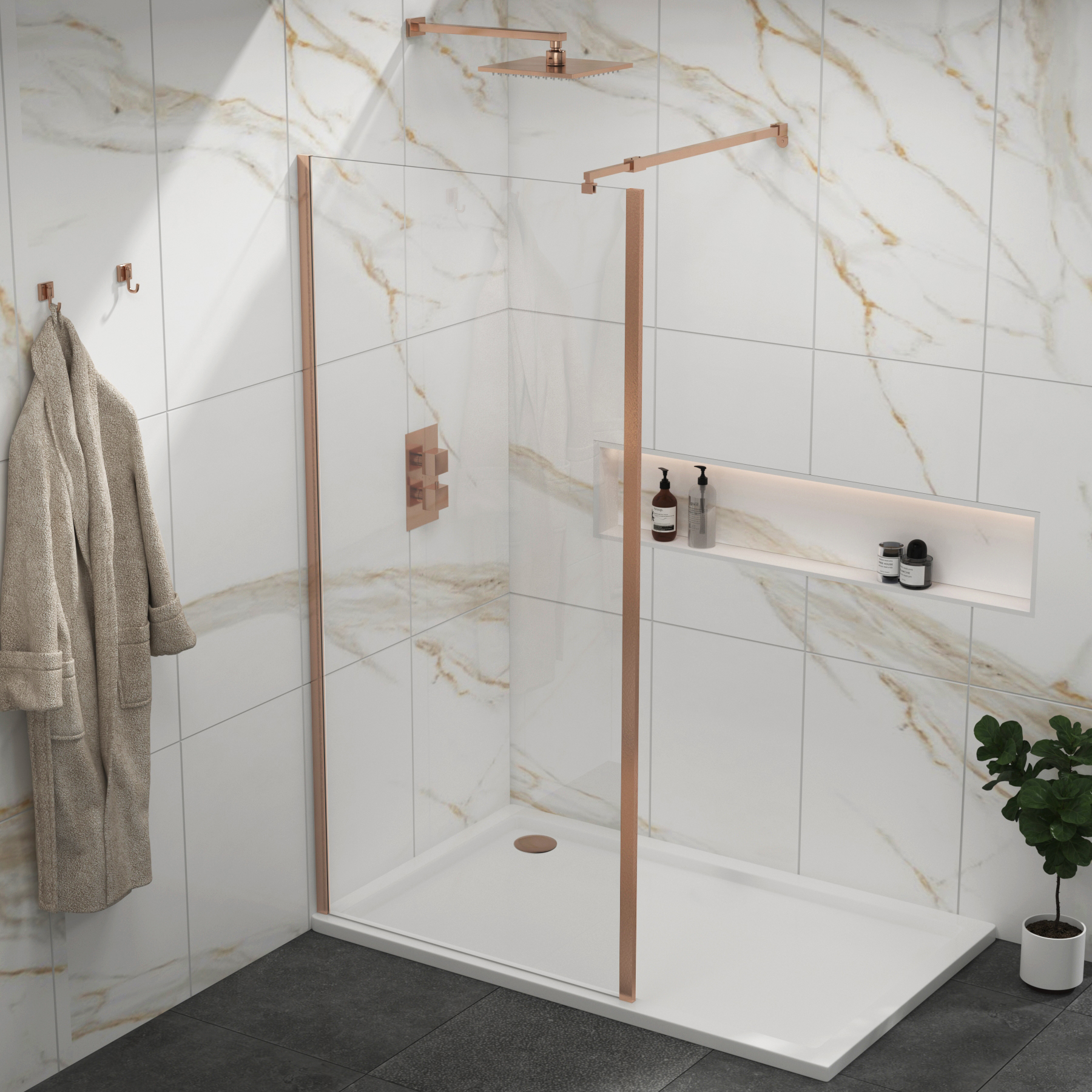 Marbella Brushed Bronze Walk in Wet Room Shower Screen with Outer Frame 8mm Easy Clean Glass