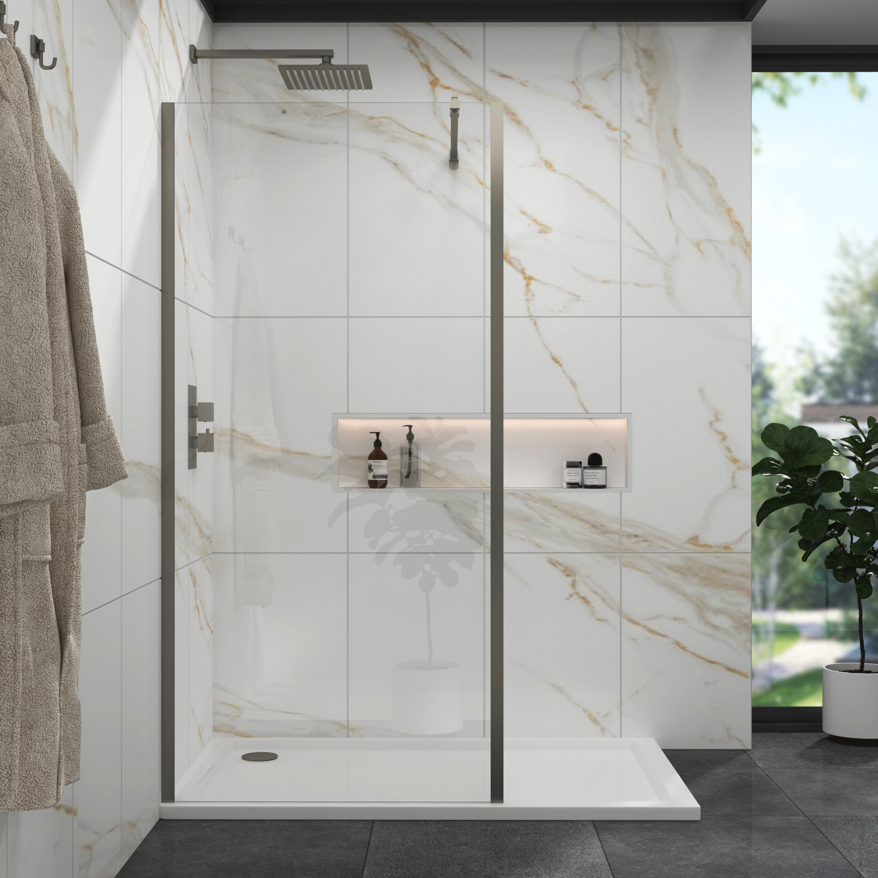 Marbella Gun Metal Grey Walk in Wet Room Shower Screen with Outer Frame 8mm Easy Clean Glass