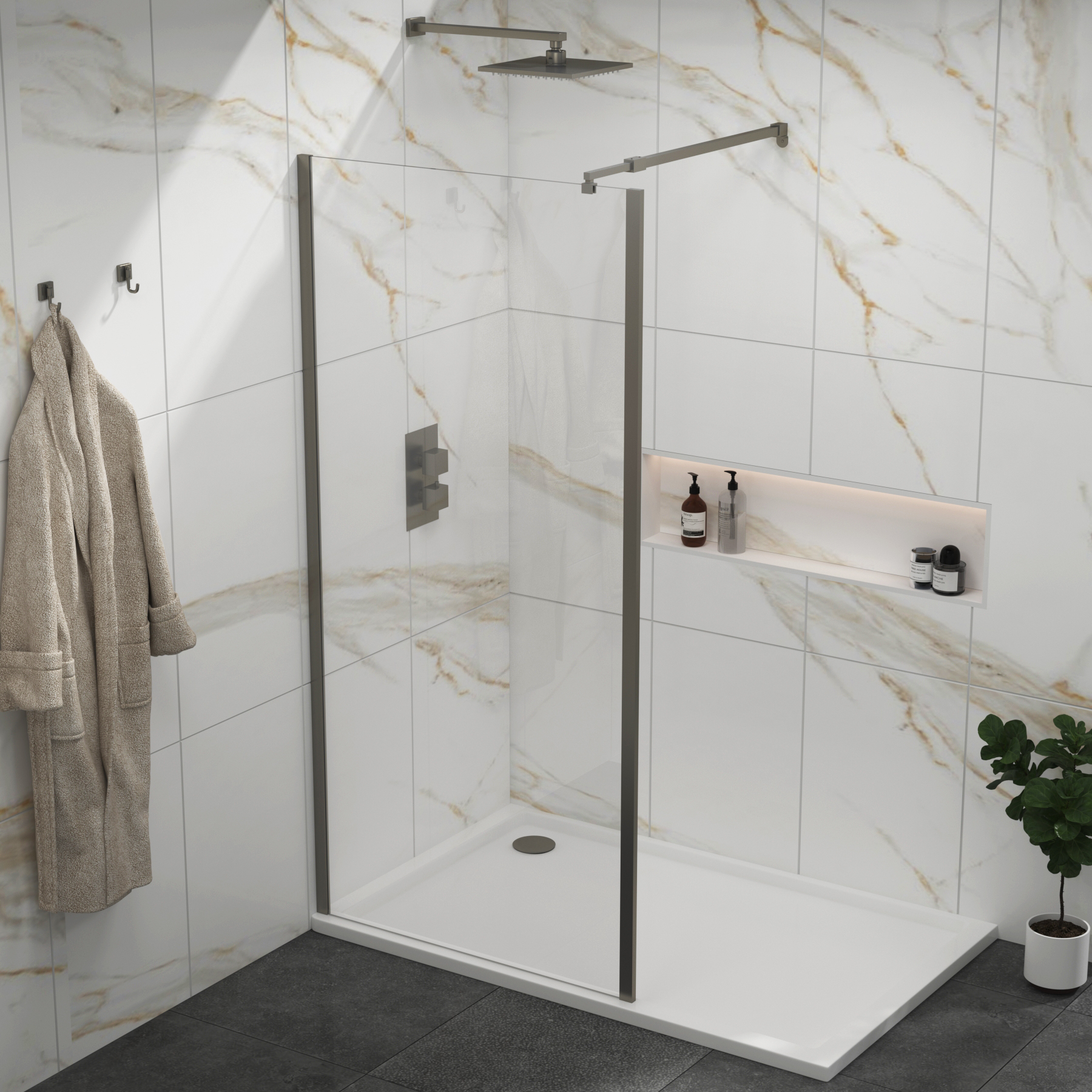 Marbella Gun Metal Grey Walk in Wet Room Shower Screen with Outer Frame 8mm Easy Clean Glass
