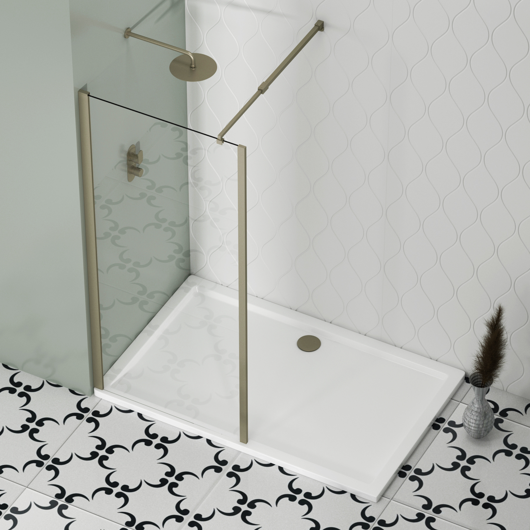 Marbella Brushed Nickel Walk In Wet Room Shower Screen with Outer Frame 8mm Easy Clean Glass