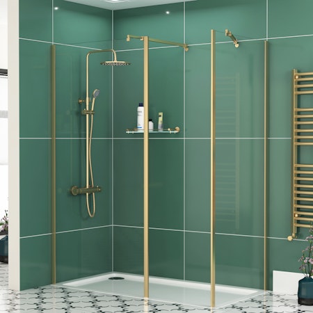 Marbella 8mm Walk In Shower Enclosure Brushed Brass with Outer Framed & Tray 1200 x 800mm - Easy Clean Wet Room