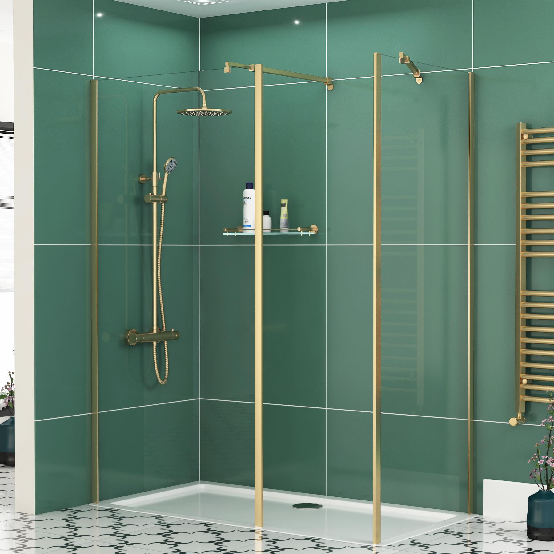 Marbella 8mm Walk In Shower Enclosure Brushed Brass with Outer Framed & Tray 1700 x 760mm - Easy Clean Wet Room