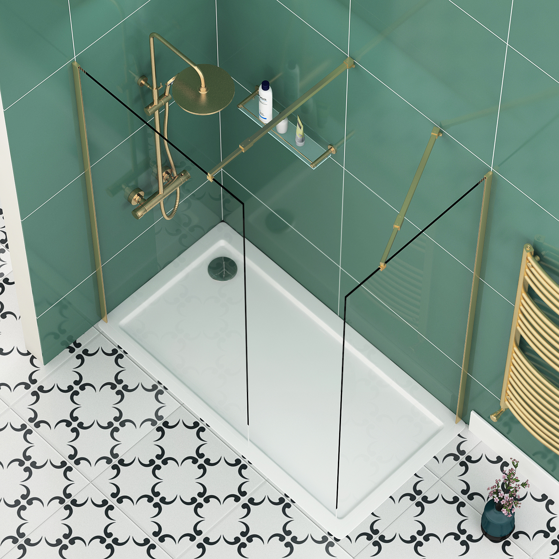Marbella 8mm Walk In Shower Enclosure Brushed Brass with Tray 1200 x 760mm - Easy Clean Wet Room