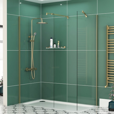 Marbella 8mm Walk In Shower Enclosure Brushed Brass with Tray 1200 x 800mm - Easy Clean Wet Room