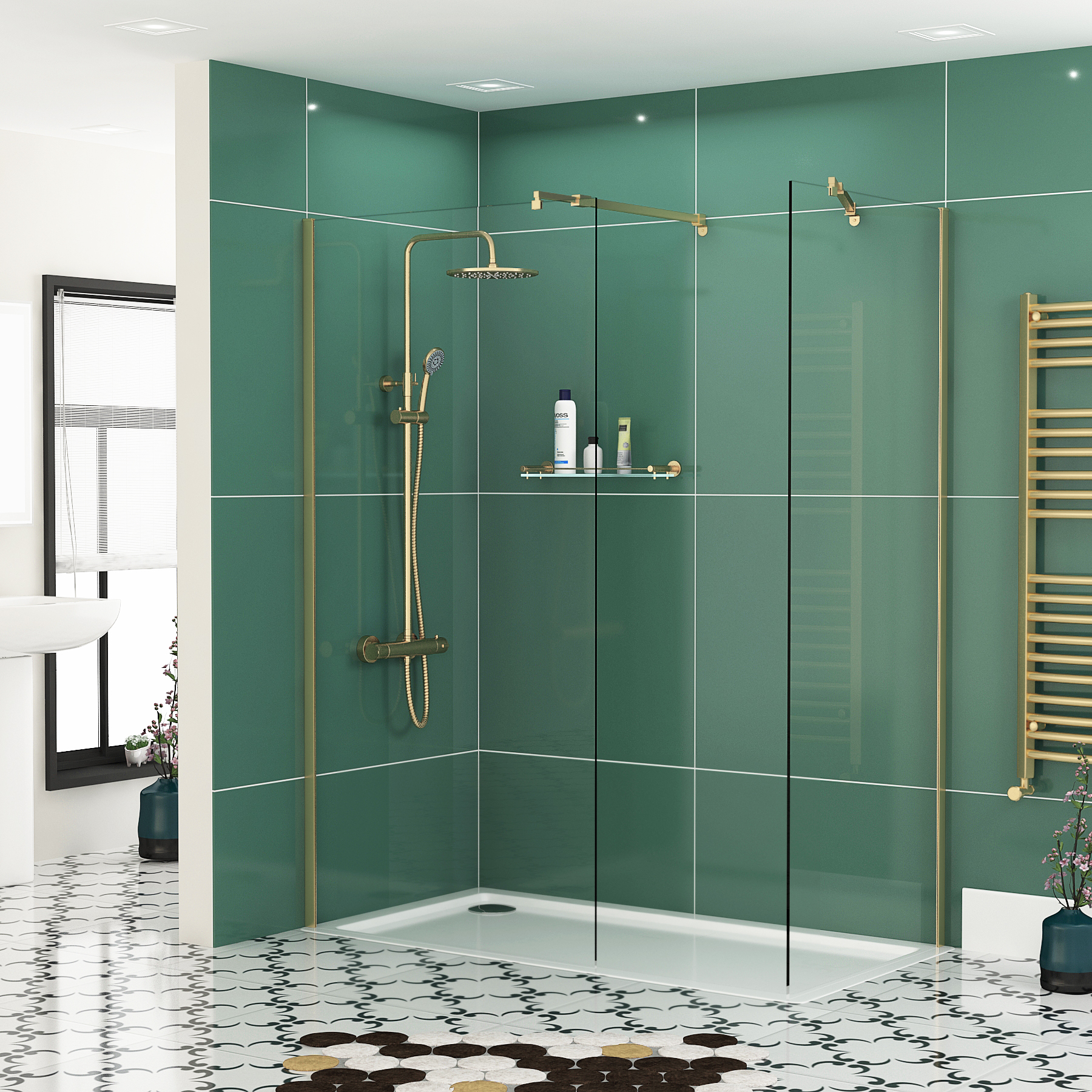Marbella 8mm Walk In Shower Enclosure Brushed Brass with Tray 1200 x 760mm - Easy Clean Wet Room
