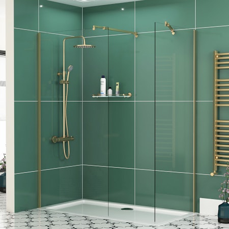 Marbella 8mm Walk In Shower Enclosure Brushed Brass with Tray Easy Clean Wet Room - Various Sizes