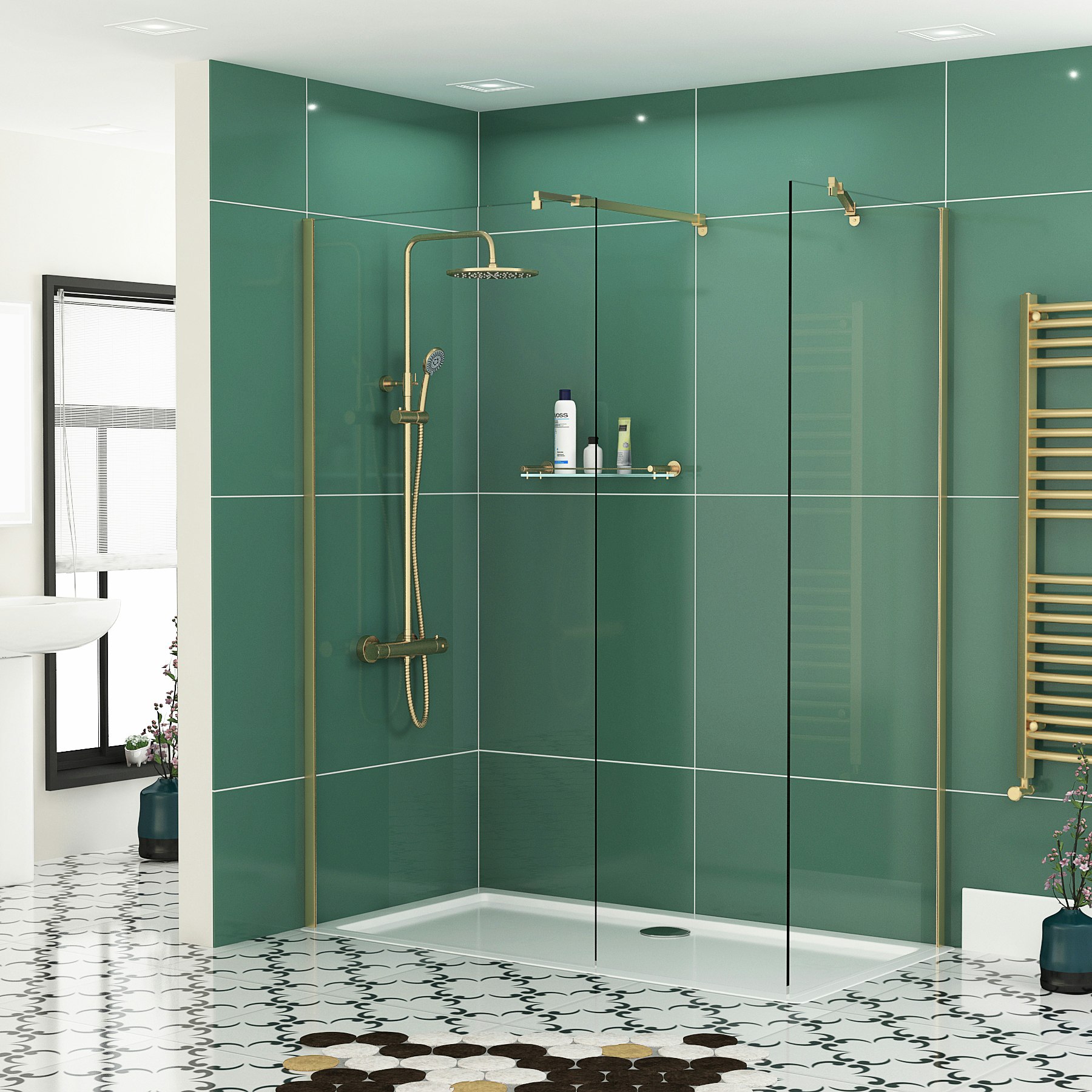 Marbella 8mm Walk In Shower Enclosure Gold with Tray Easy Clean Wet Room Various Sizes Royal