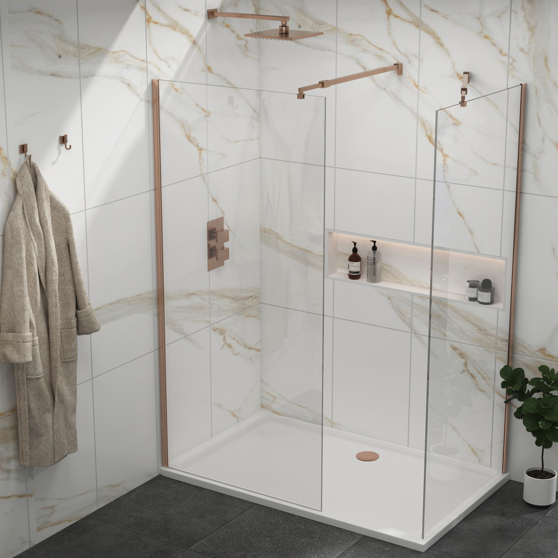 Marbella Brushed Bronze Walk In Shower Enclosure with 1400 x 900mm Tray 8mm Easy Clean Glass