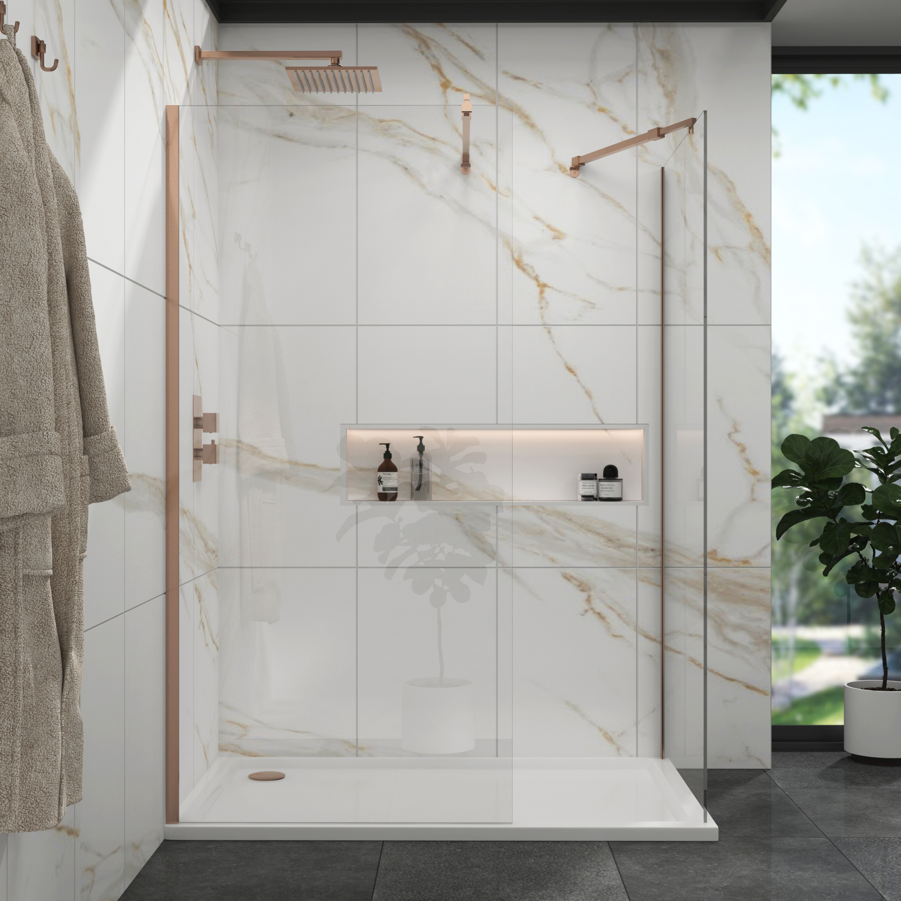 Marbella Brushed Bronze Walk In Shower Enclosure with Stone Tray 8mm Easy Clean Glass
