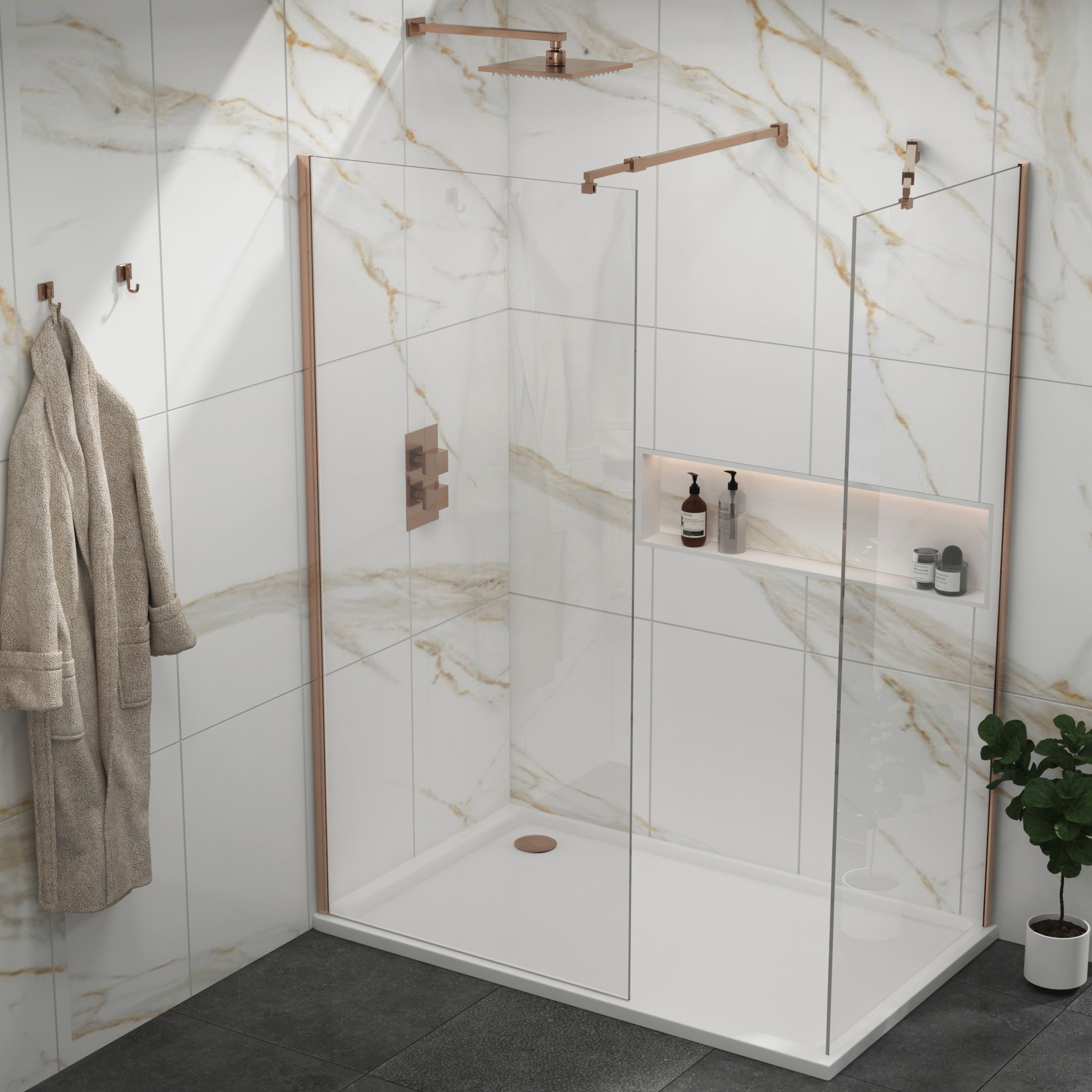 Marbella Brushed Bronze Walk In Shower Enclosure with Stone Tray 8mm Easy Clean Glass