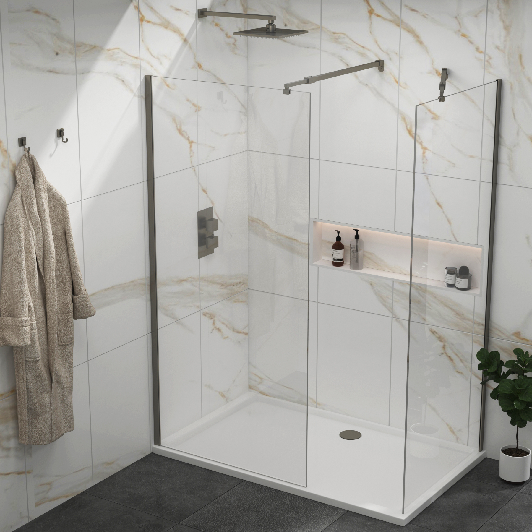 Marbella Gun Metal Grey Walk In Shower Enclosure with 1400 x 900mm Tray 8mm Easy Clean Glass