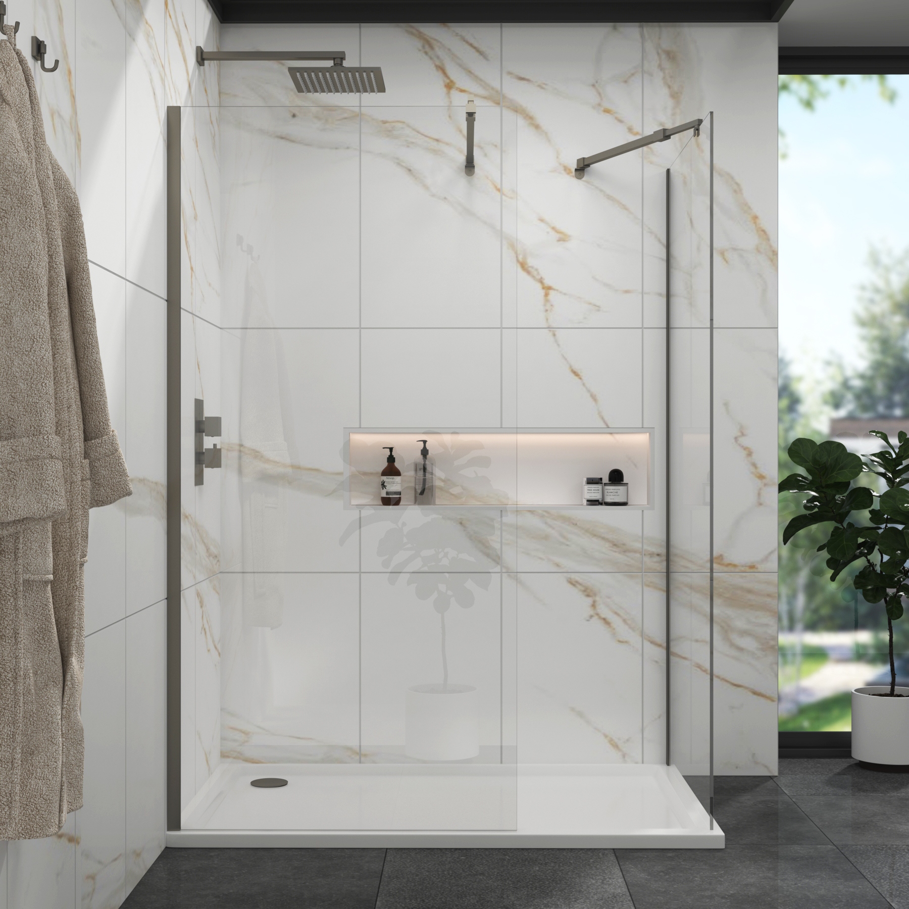Marbella Gun Metal Grey Walk In Shower Enclosure with 1200 x 900mm Tray 8mm Easy Clean Glass