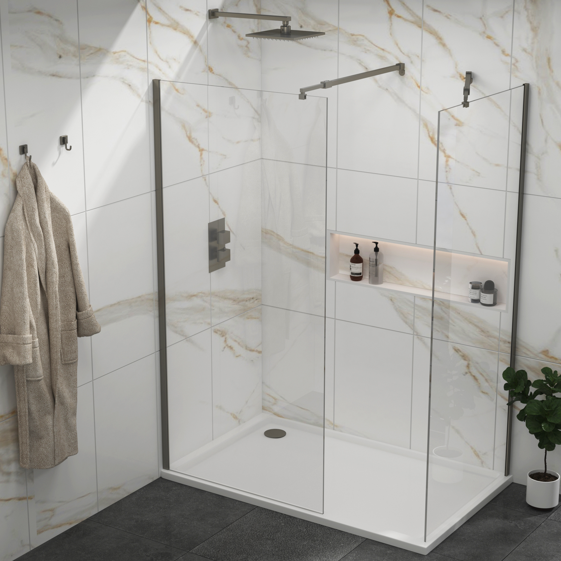 Marbella Gun Metal Grey Walk In Shower Enclosure with 1200 x 900mm Tray 8mm Easy Clean Glass