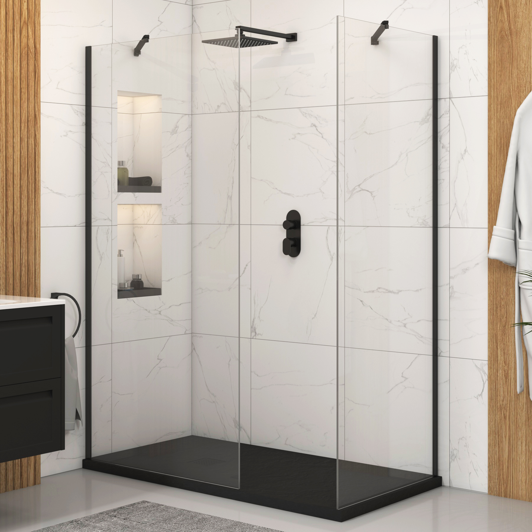 Marbella Walk In Shower Enclosure with Black Slate Effect Stone Tray 8mm Easy Clean Glass - Matt Black