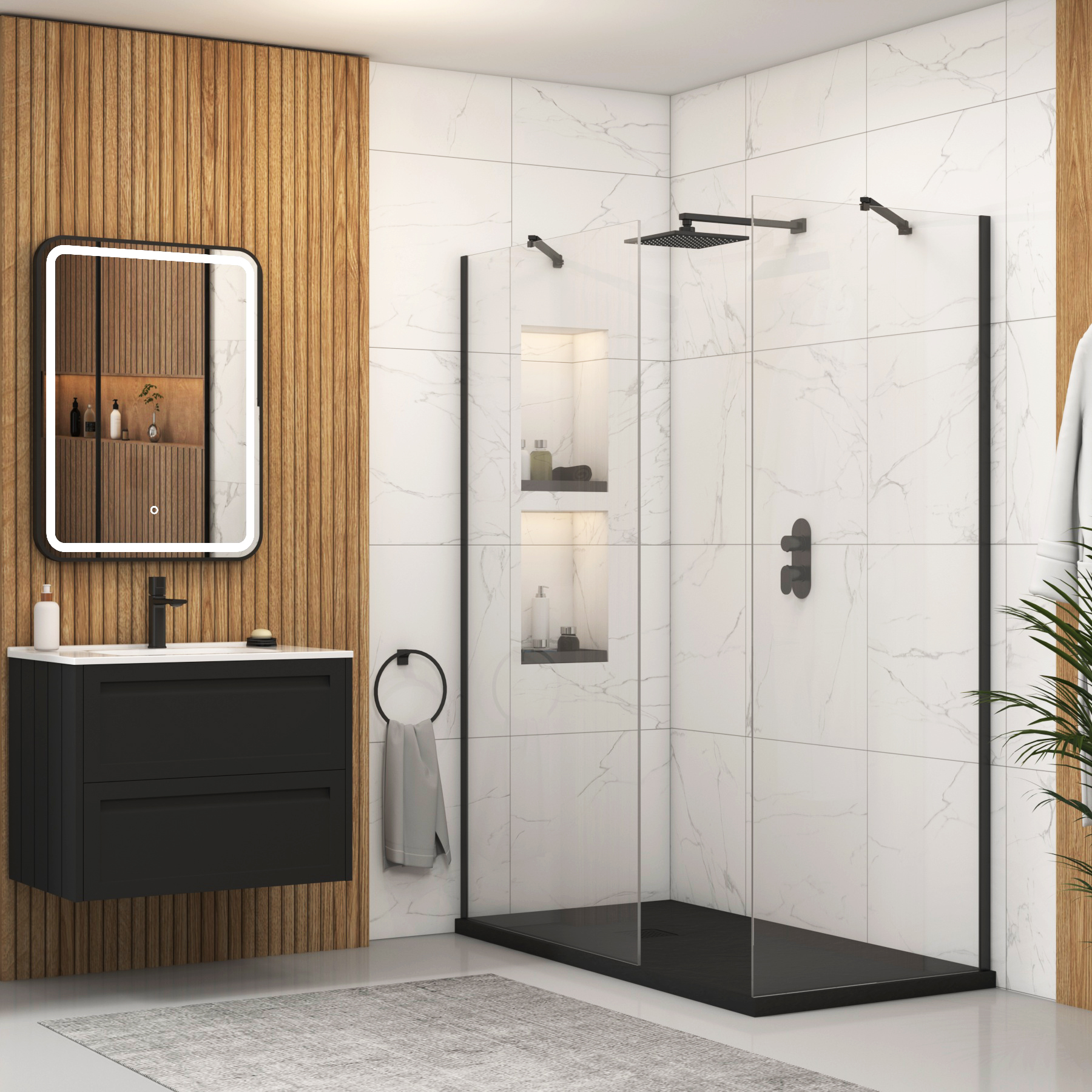 Marbella Walk In Shower Enclosure with Black Slate Effect Stone Tray 8mm Easy Clean Glass - Matt Black