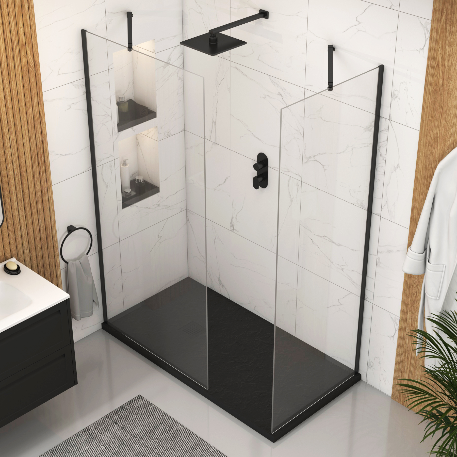 Marbella Walk In Shower Enclosure with Black Slate Effect Stone Tray 8mm Easy Clean Glass - Matt Black