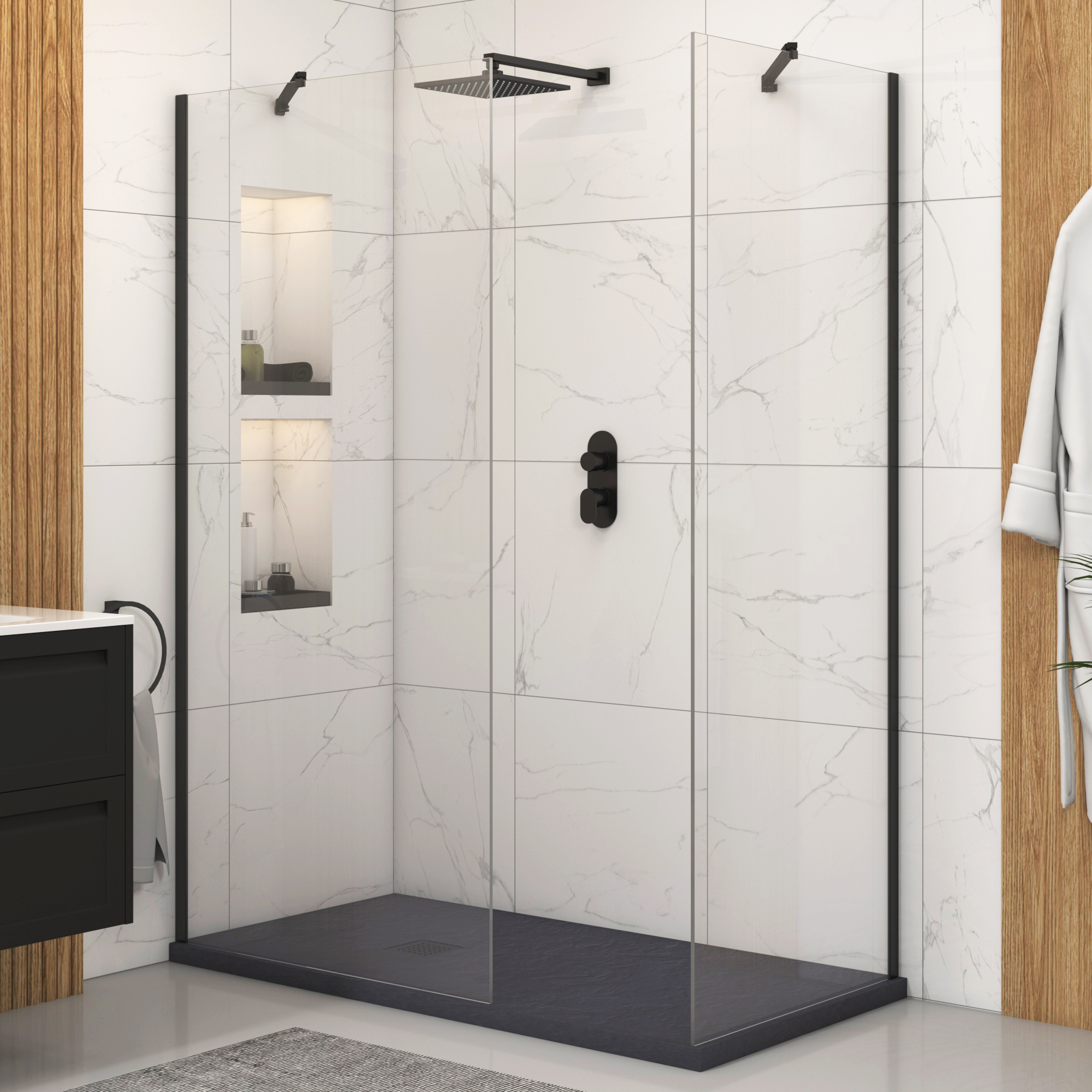 Marbella Walk In Shower Enclosure with Grey Slate Effect Stone Tray 8mm Easy Clean Glass - Matt Black