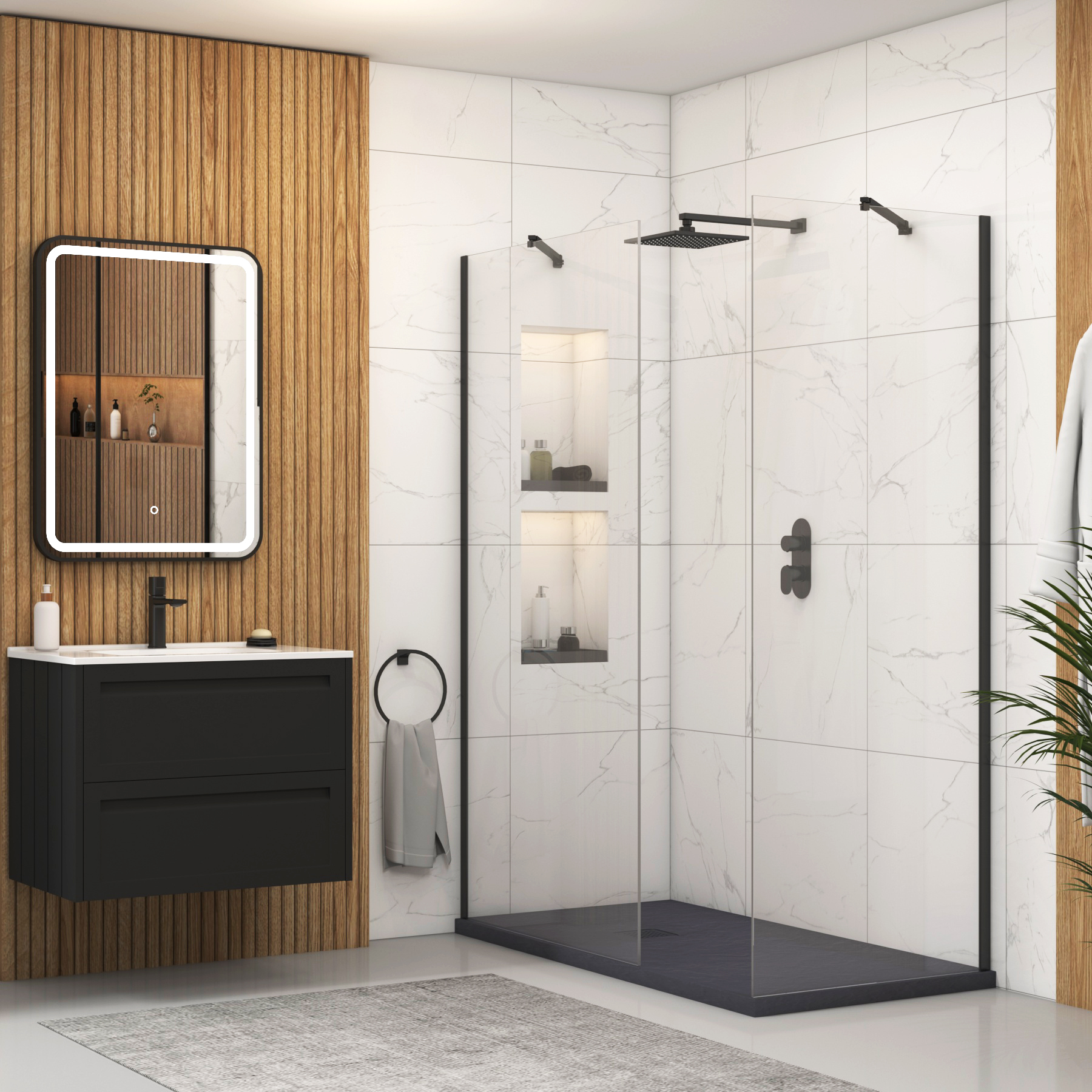Marbella Walk In Shower Enclosure with Grey Slate Effect Stone Tray 8mm Easy Clean Glass - Matt Black