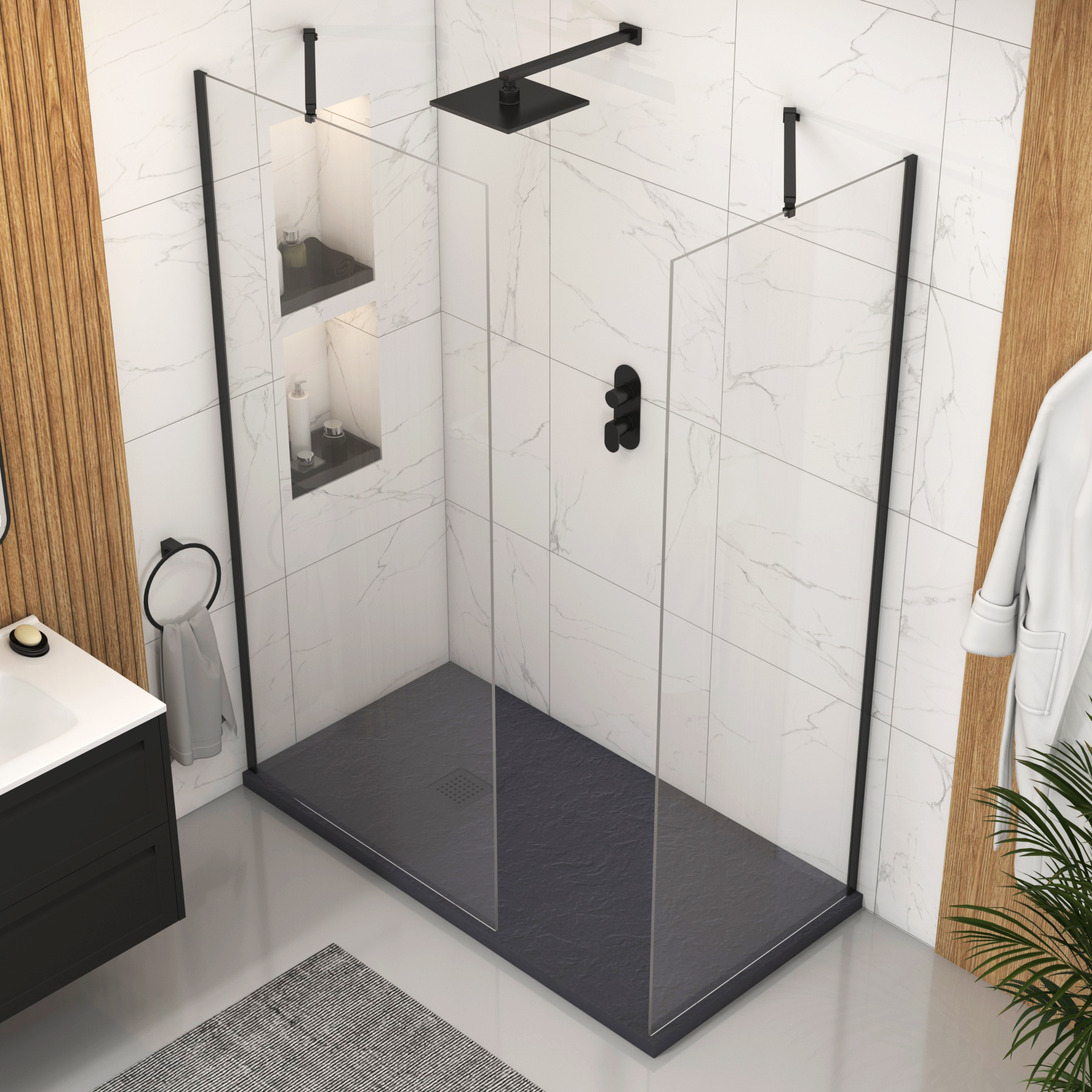 Marbella Walk In Shower Enclosure with Grey Slate Effect Stone Tray 8mm Easy Clean Glass - Matt Black