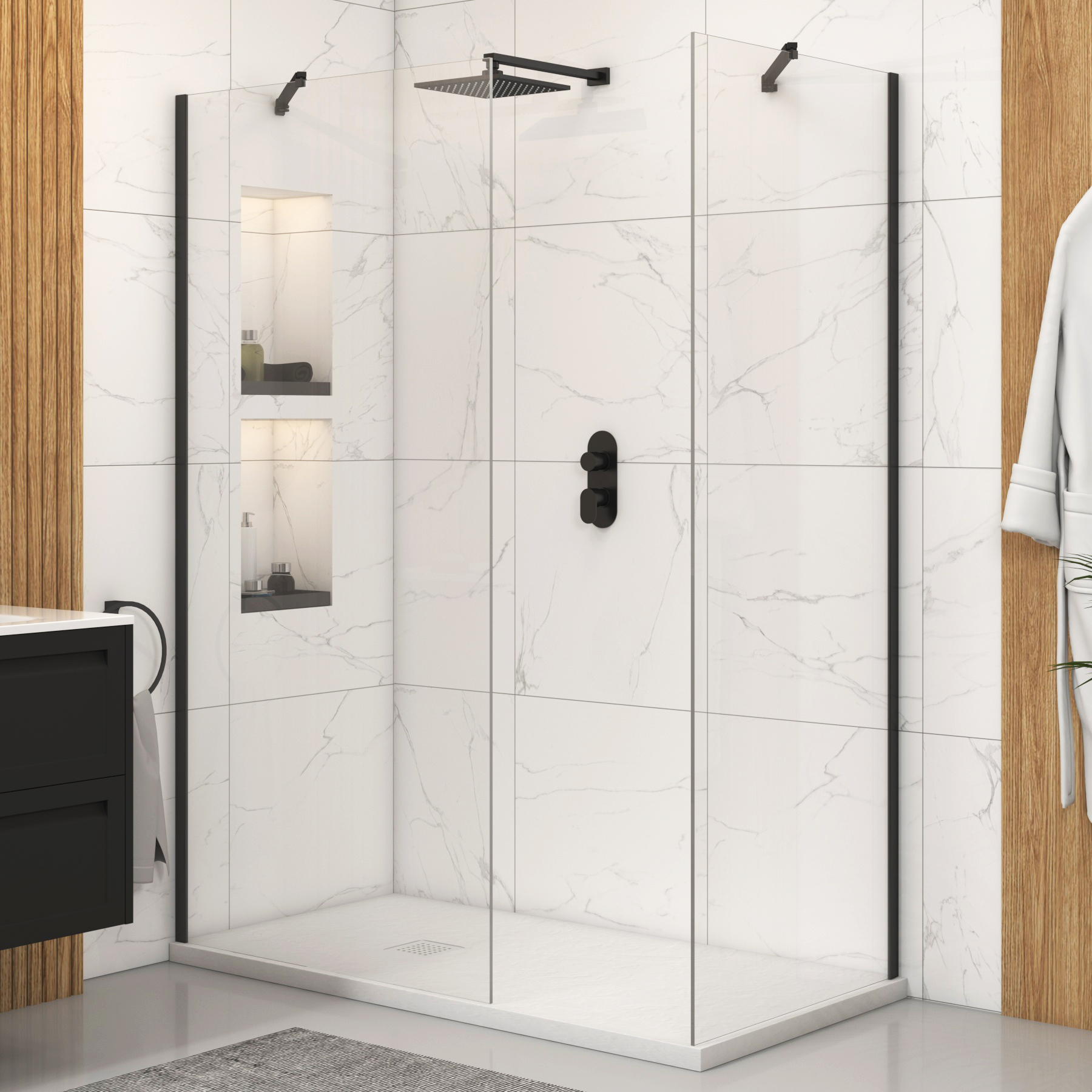 Marbella Walk In Shower Enclosure with White Slate Effect Stone Tray 8mm Easy Clean Glass - Matt Black