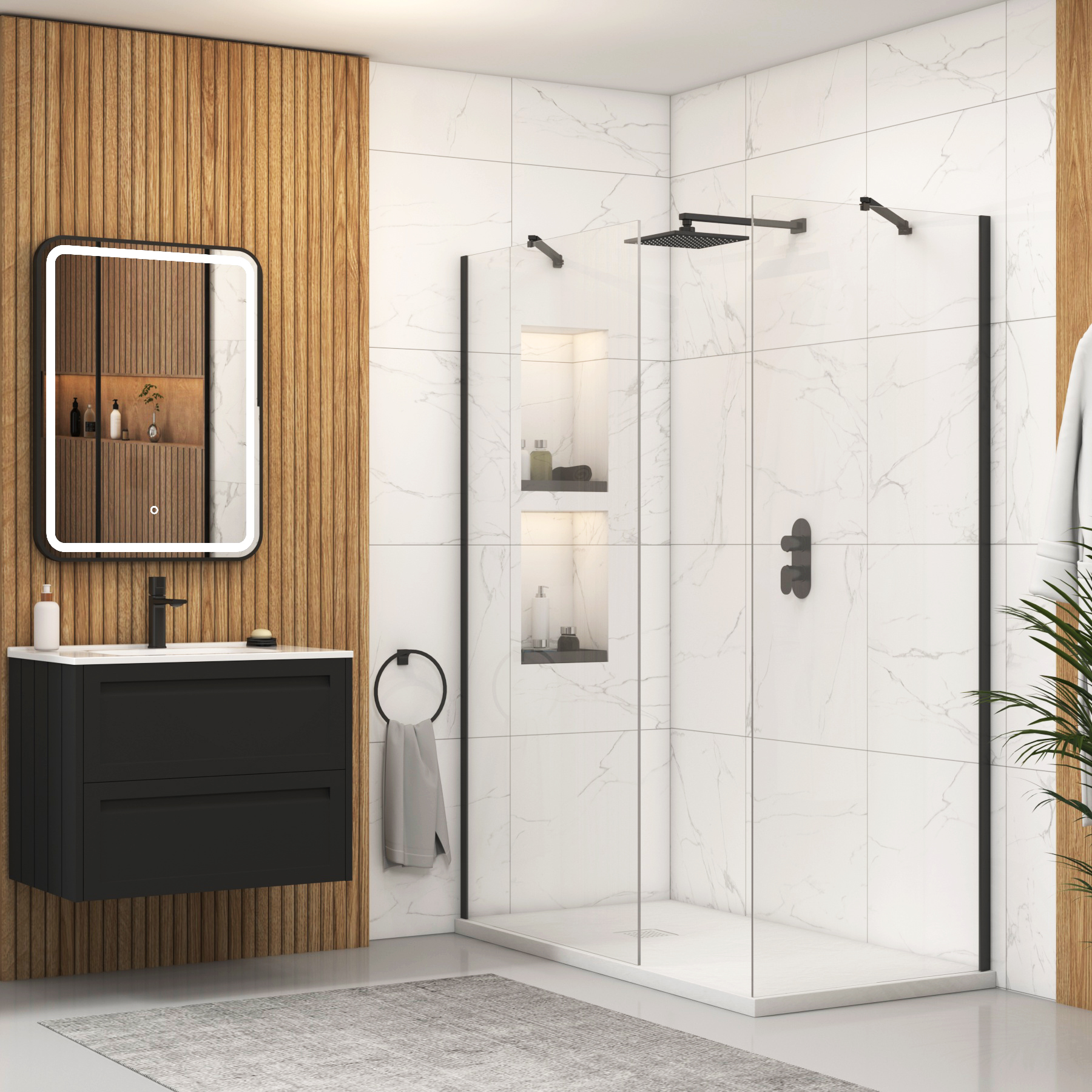 Marbella Walk In Shower Enclosure with White Slate Effect Stone Tray 8mm Easy Clean Glass - Matt Black