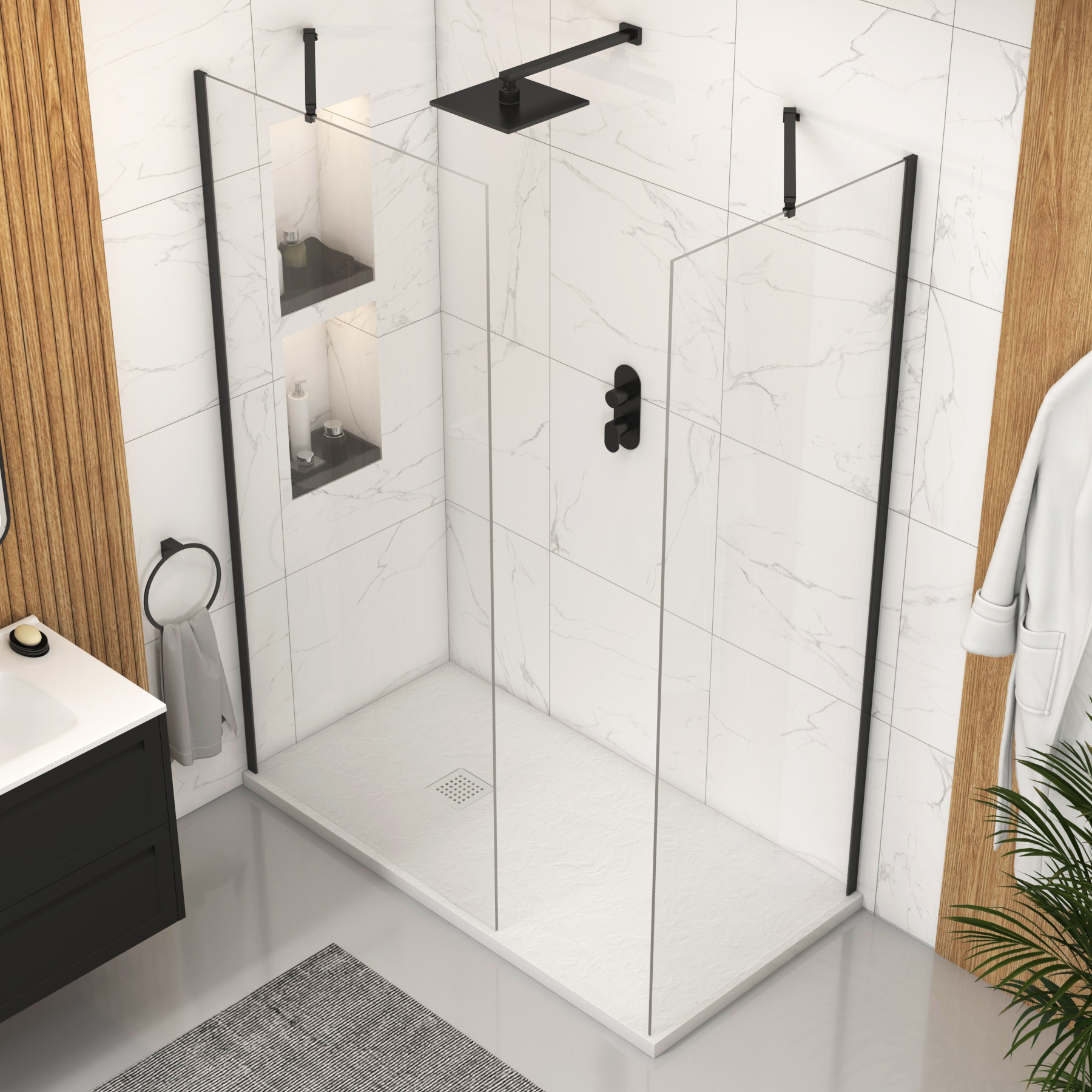Marbella Walk In Shower Enclosure with White Slate Effect Stone Tray 8mm Easy Clean Glass - Matt Black