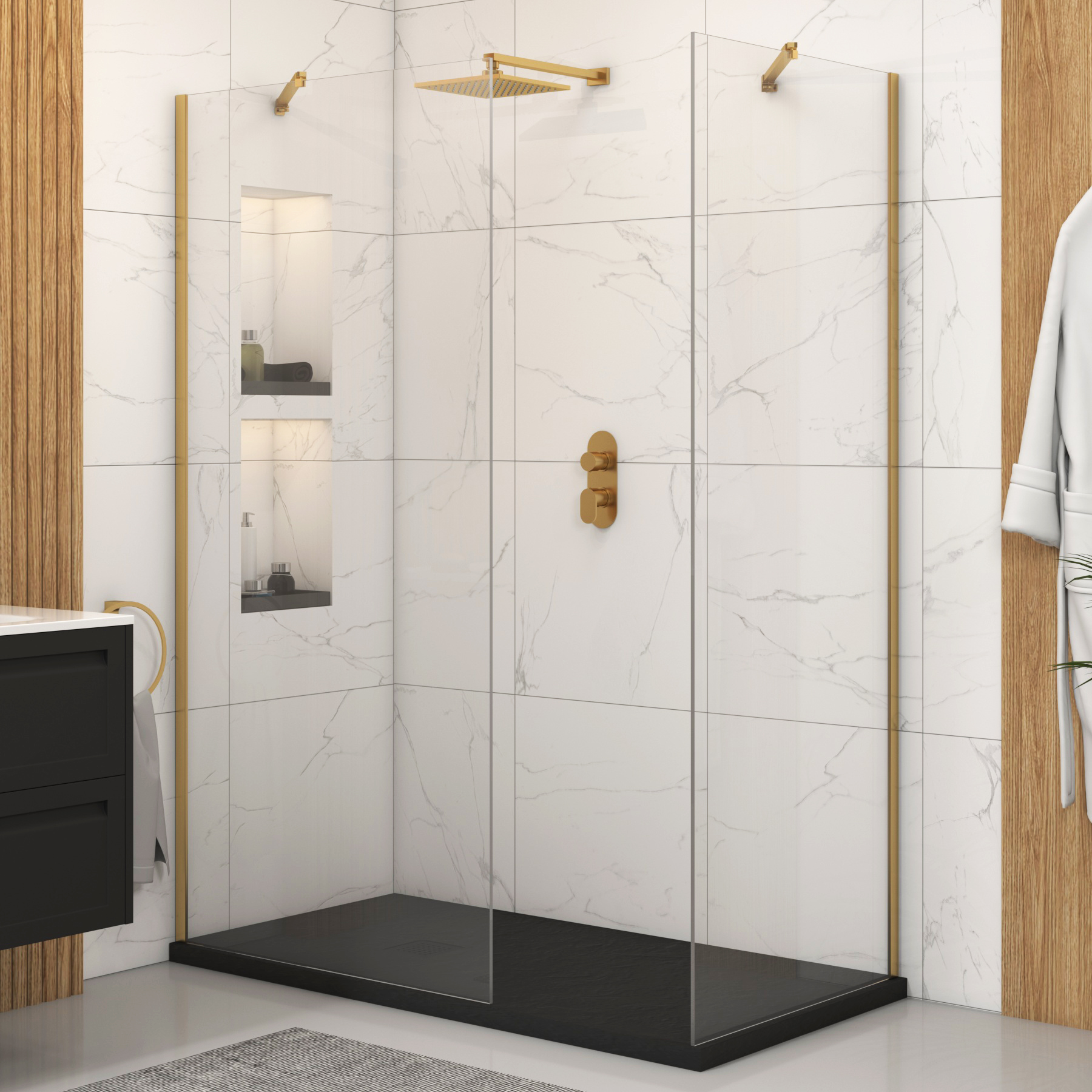 Marbella Walk In Shower Enclosure with Black Slate Effect Stone Tray 8mm Easy Clean Glass - Brushed Brass