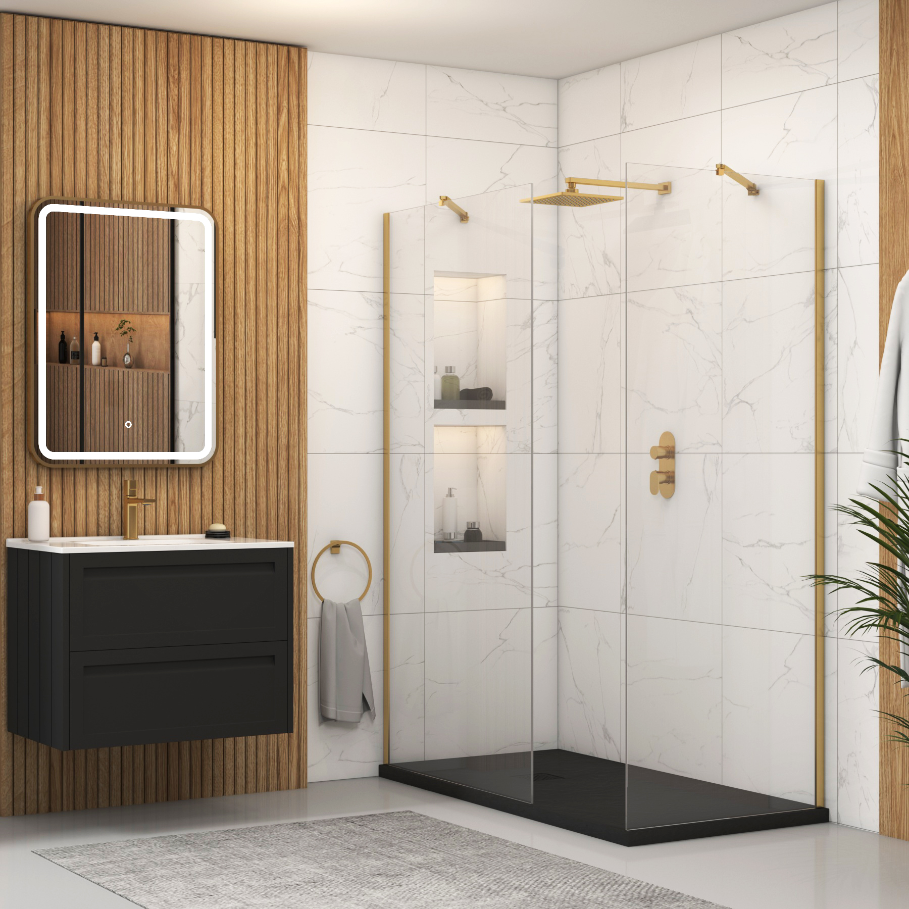 Marbella Walk In Shower Enclosure with Black Slate Effect Stone Tray 8mm Easy Clean Glass - Brushed Brass