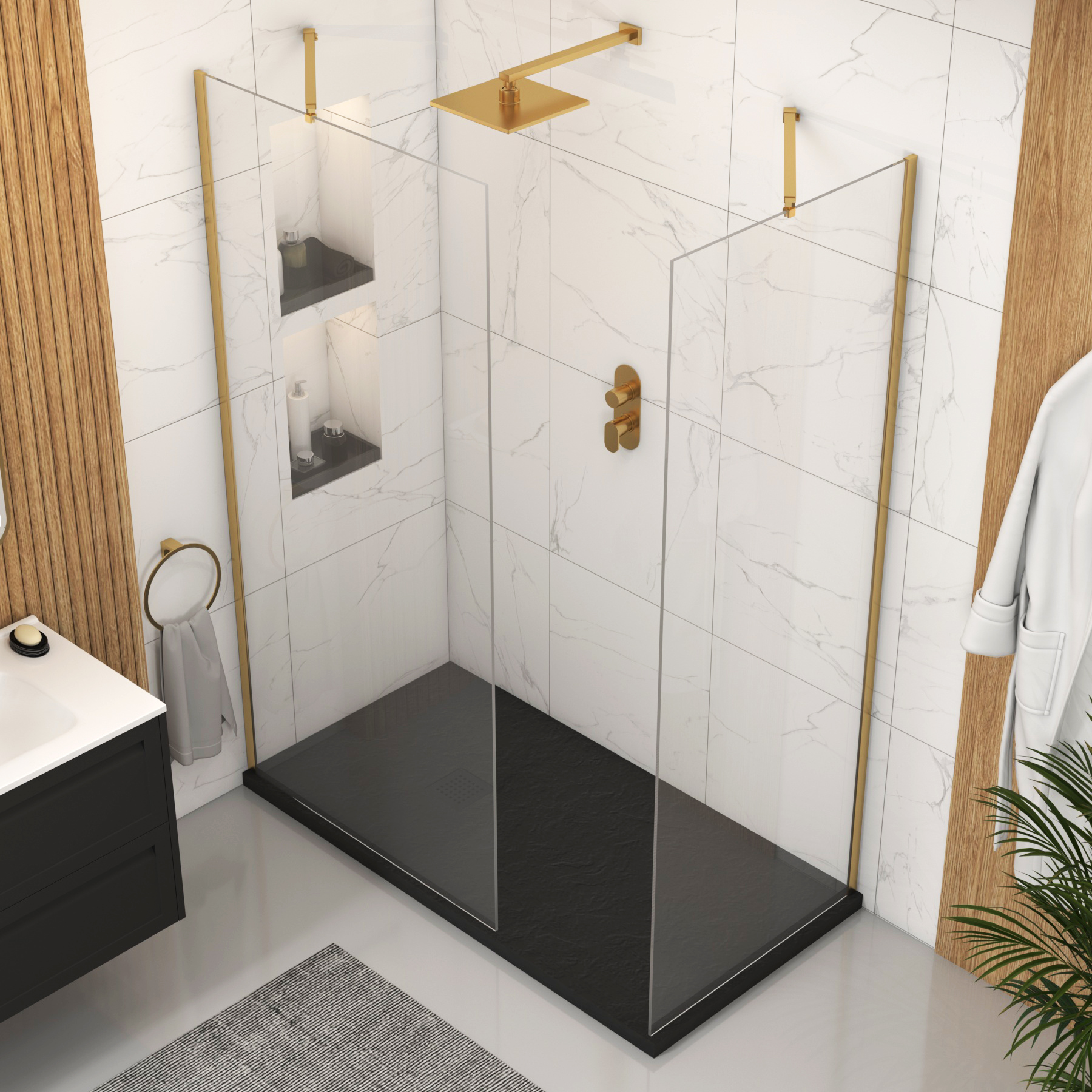 Marbella Walk In Shower Enclosure with Black Slate Effect Stone Tray 8mm Easy Clean Glass - Brushed Brass
