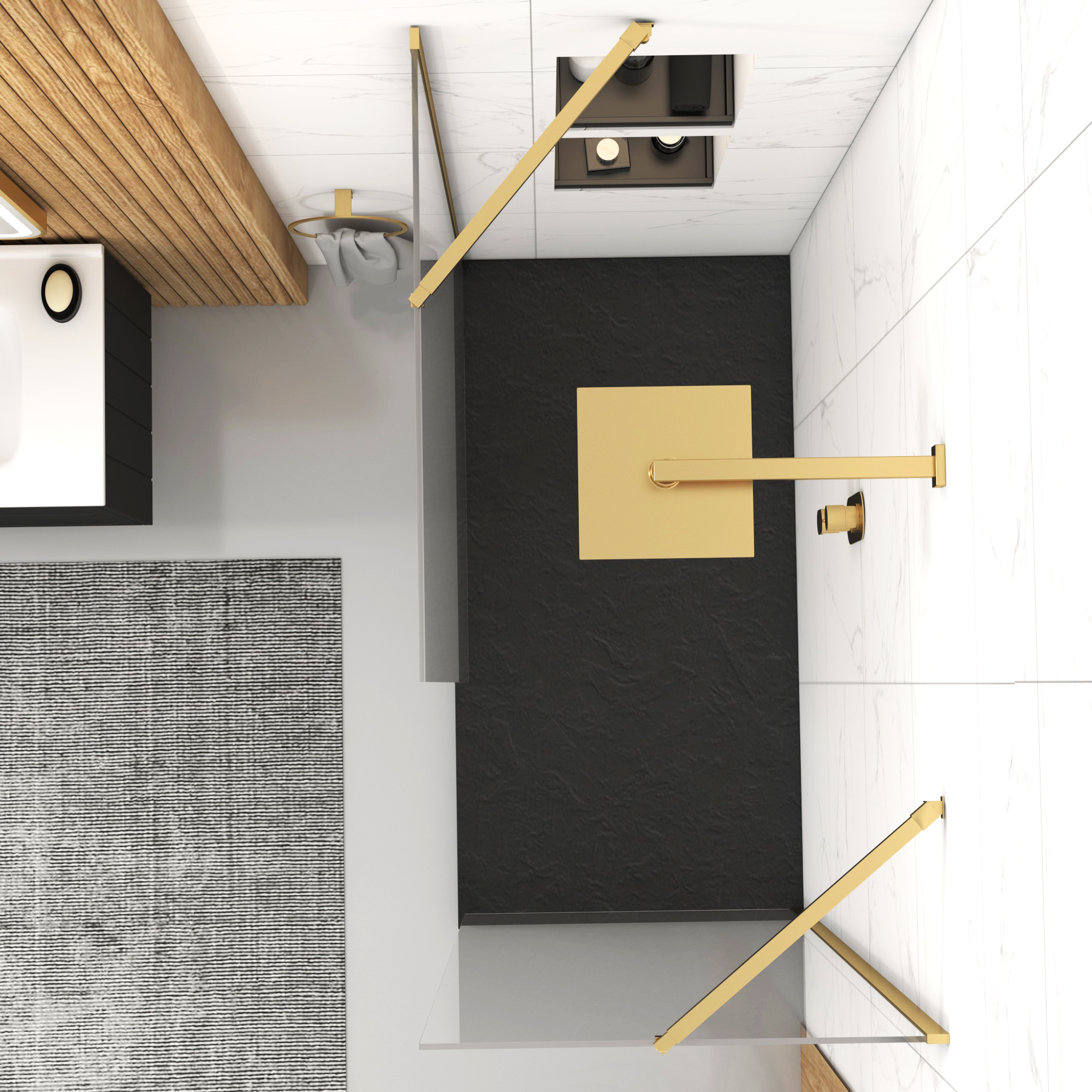 Marbella Walk In Shower Enclosure with Black Slate Effect Stone Tray 8mm Easy Clean Glass - Brushed Brass