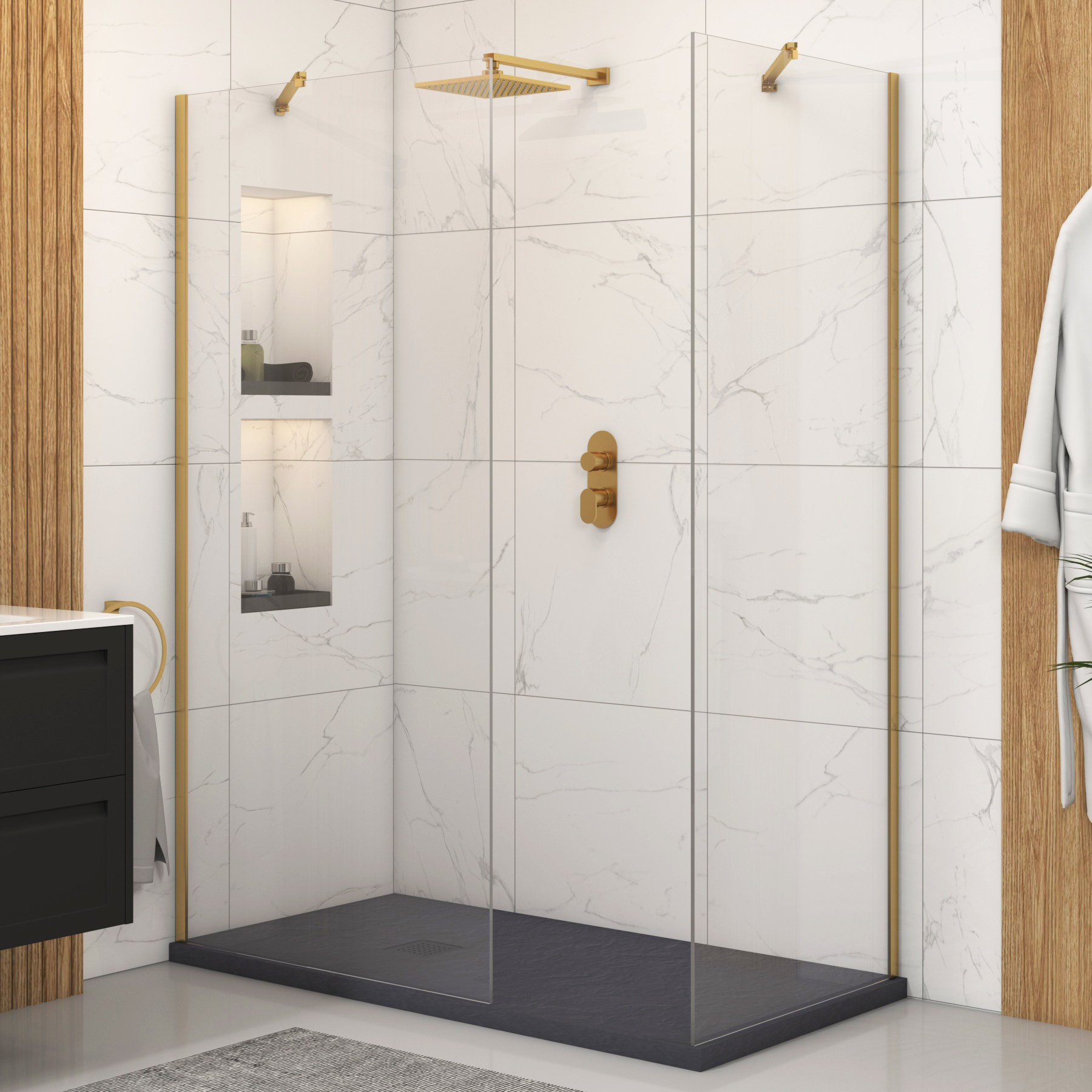 Marbella Walk In Shower Enclosure with Grey Slate Effect Stone Tray 8mm Easy Clean Glass - Brushed Brass