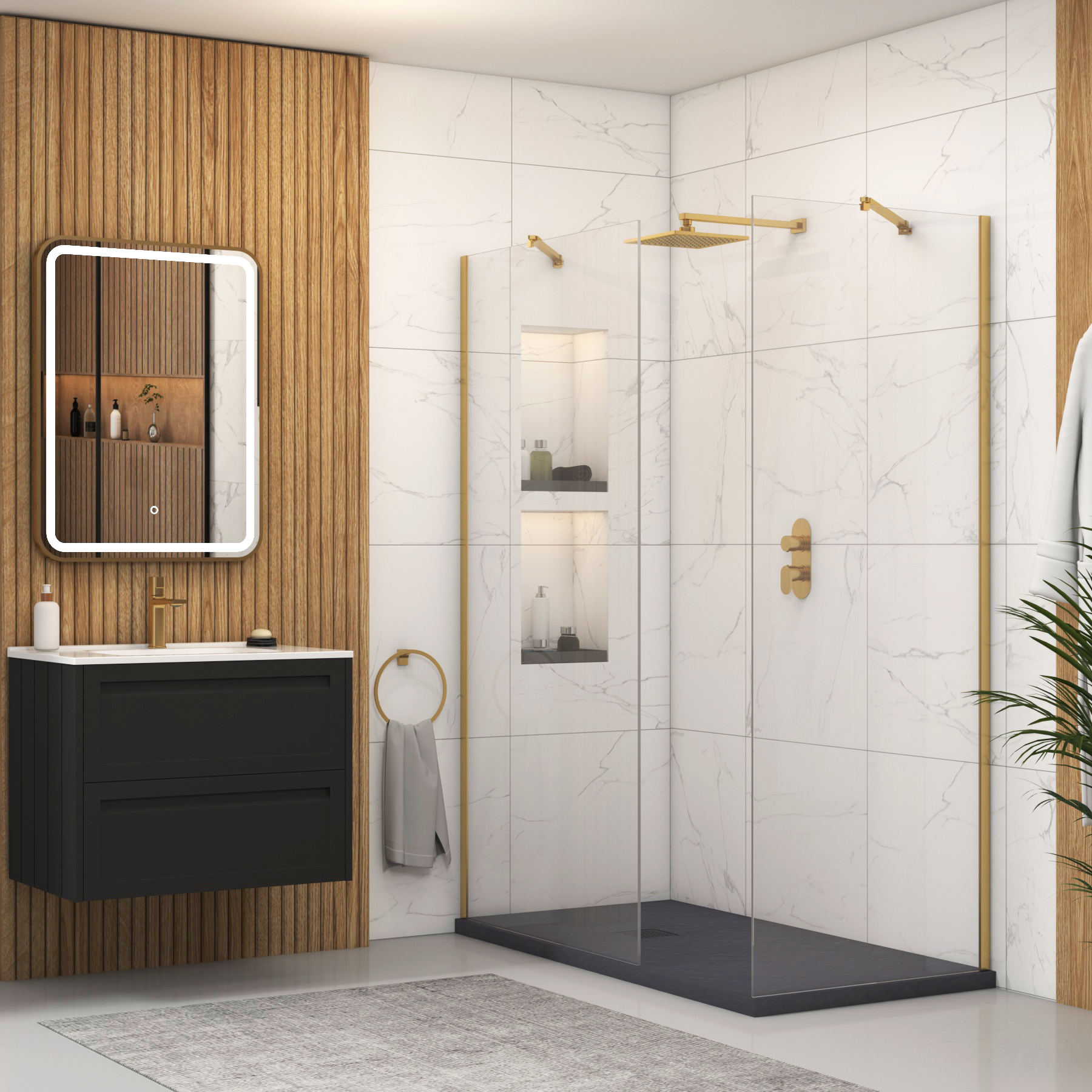 Marbella Walk In Shower Enclosure with Grey Slate Effect Stone Tray 8mm Easy Clean Glass - Brushed Brass