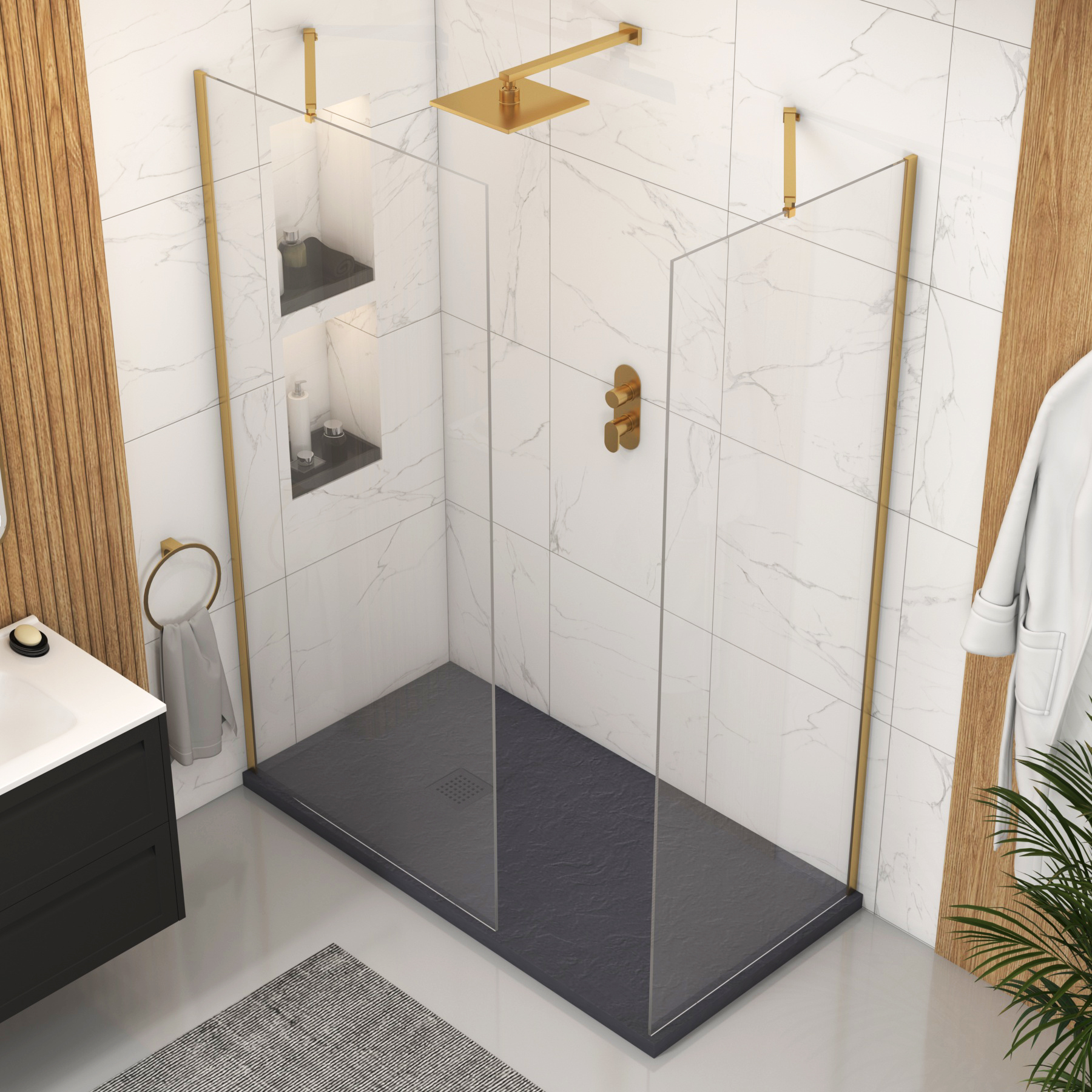 Marbella Walk In Shower Enclosure with Grey Slate Effect Stone Tray 8mm Easy Clean Glass - Brushed Brass