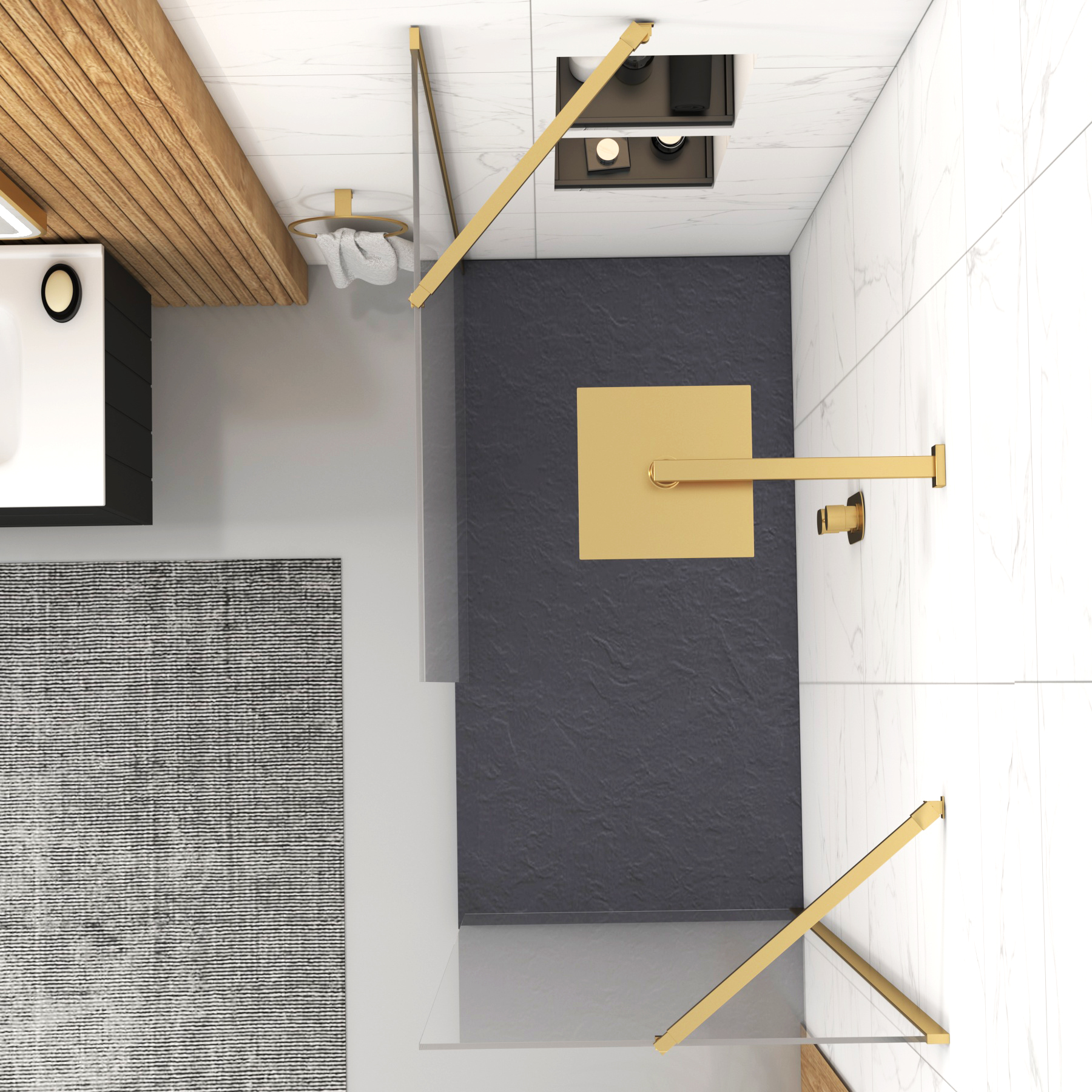 Marbella Walk In Shower Enclosure with Grey Slate Effect Stone Tray 8mm Easy Clean Glass - Brushed Brass