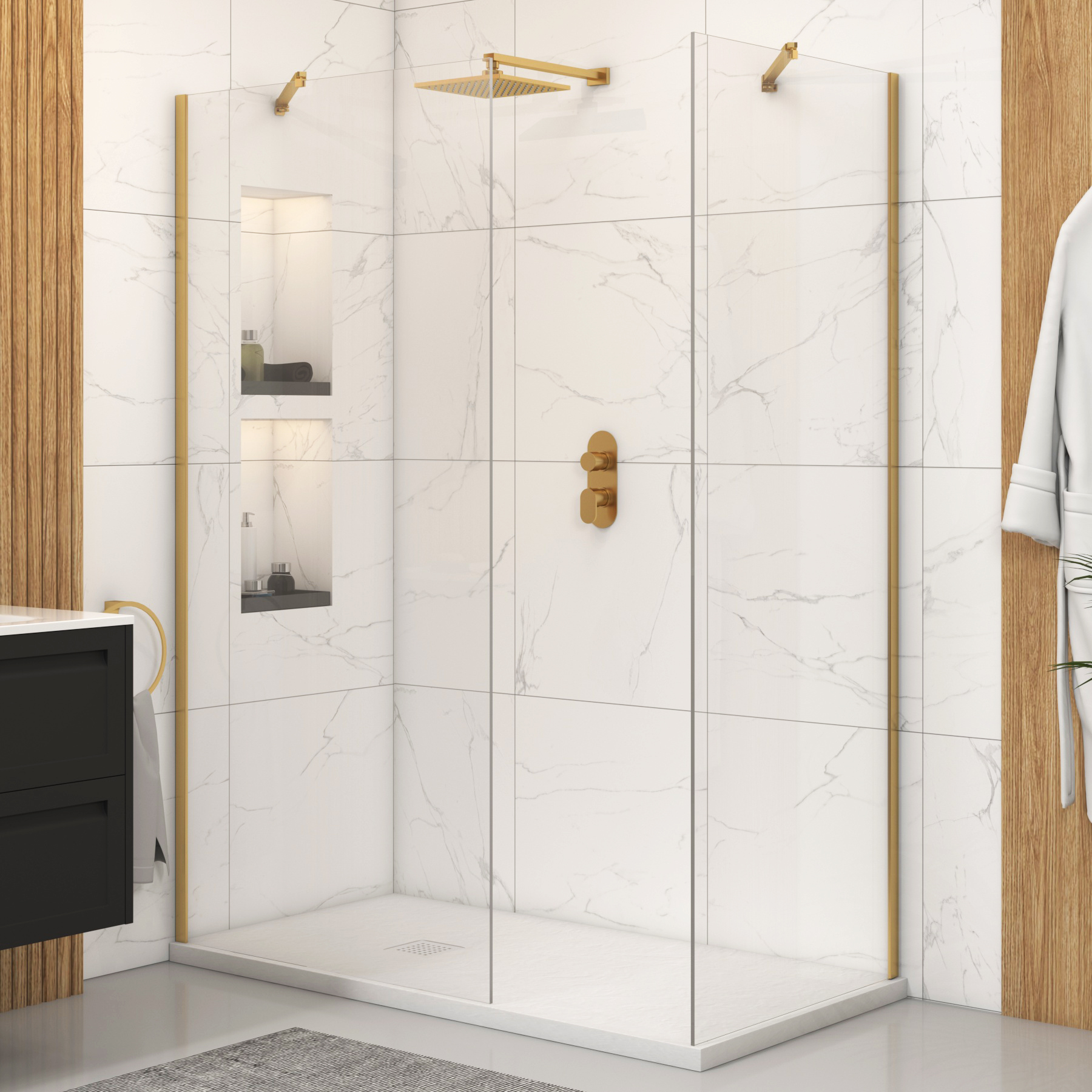 Marbella Walk In Shower Enclosure with White Slate Effect Stone Tray 8mm Easy Clean Glass - Brushed Brass