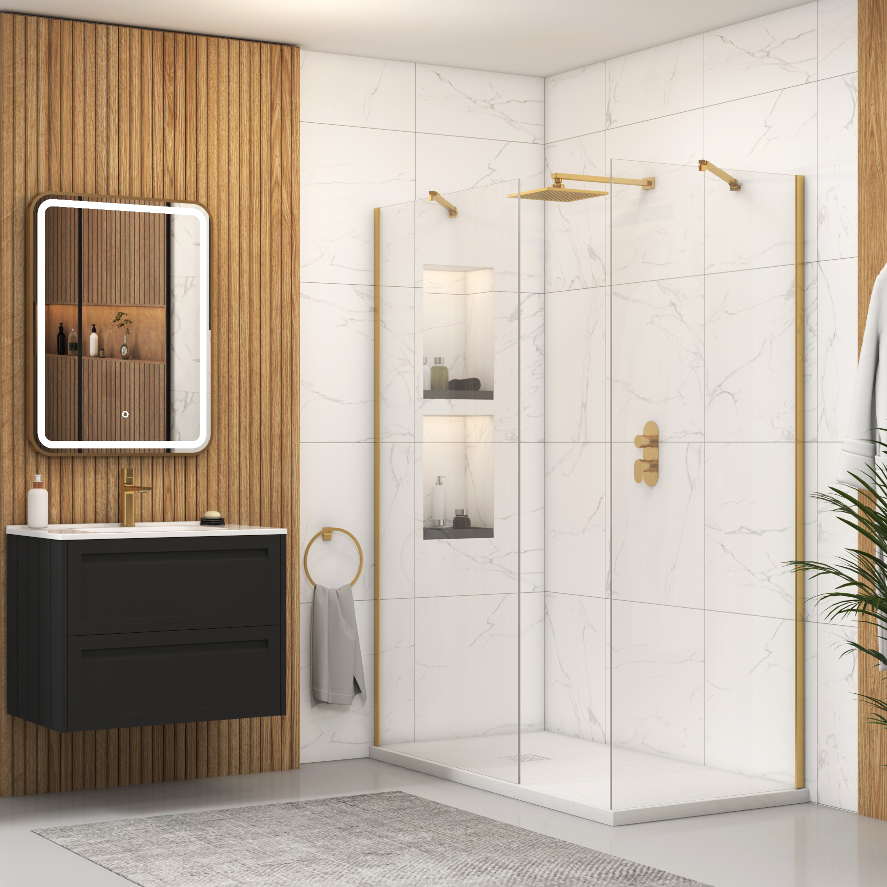 Marbella Walk In Shower Enclosure with White Slate Effect Stone Tray 8mm Easy Clean Glass - Brushed Brass