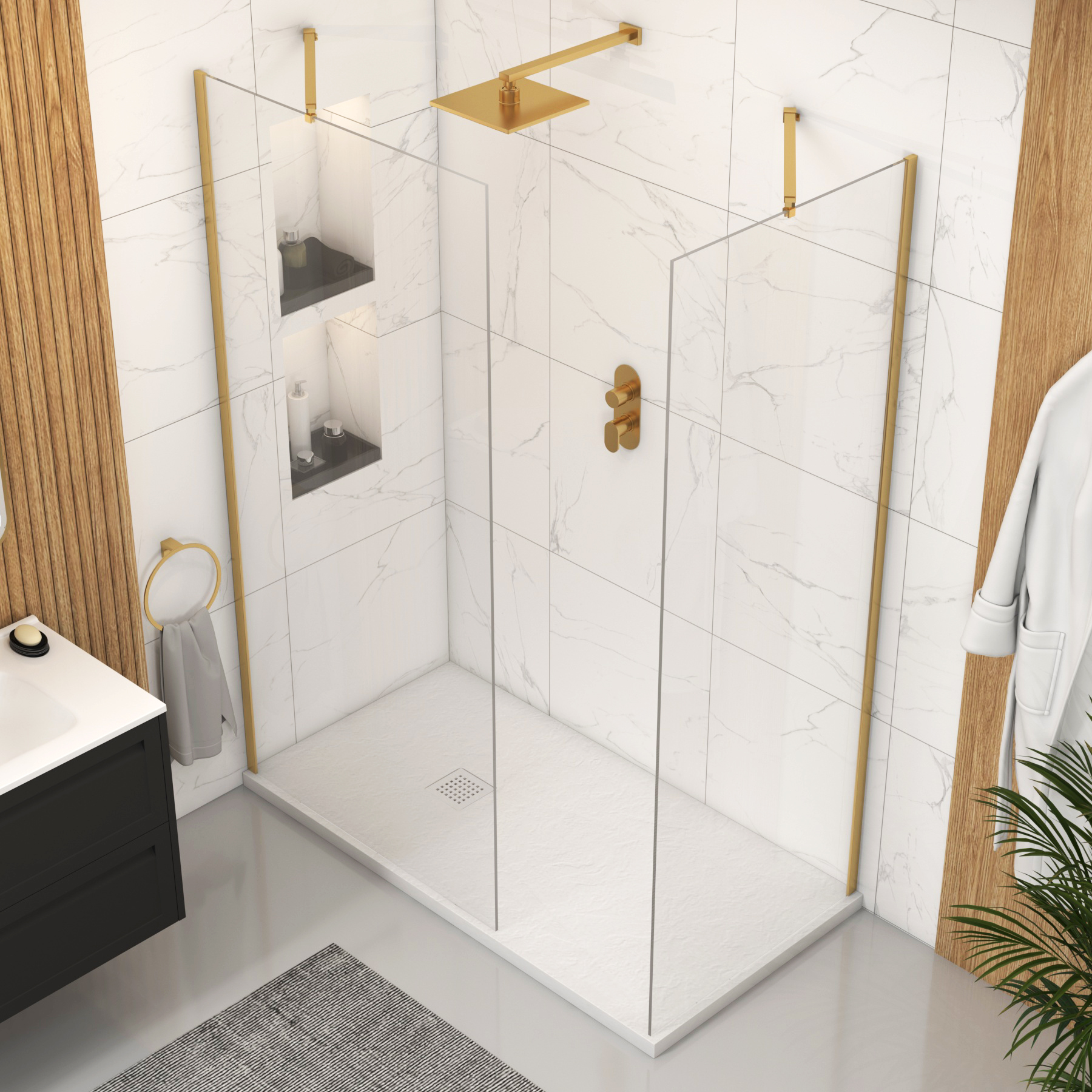 Marbella Walk In Shower Enclosure with White Slate Effect Stone Tray 8mm Easy Clean Glass - Brushed Brass