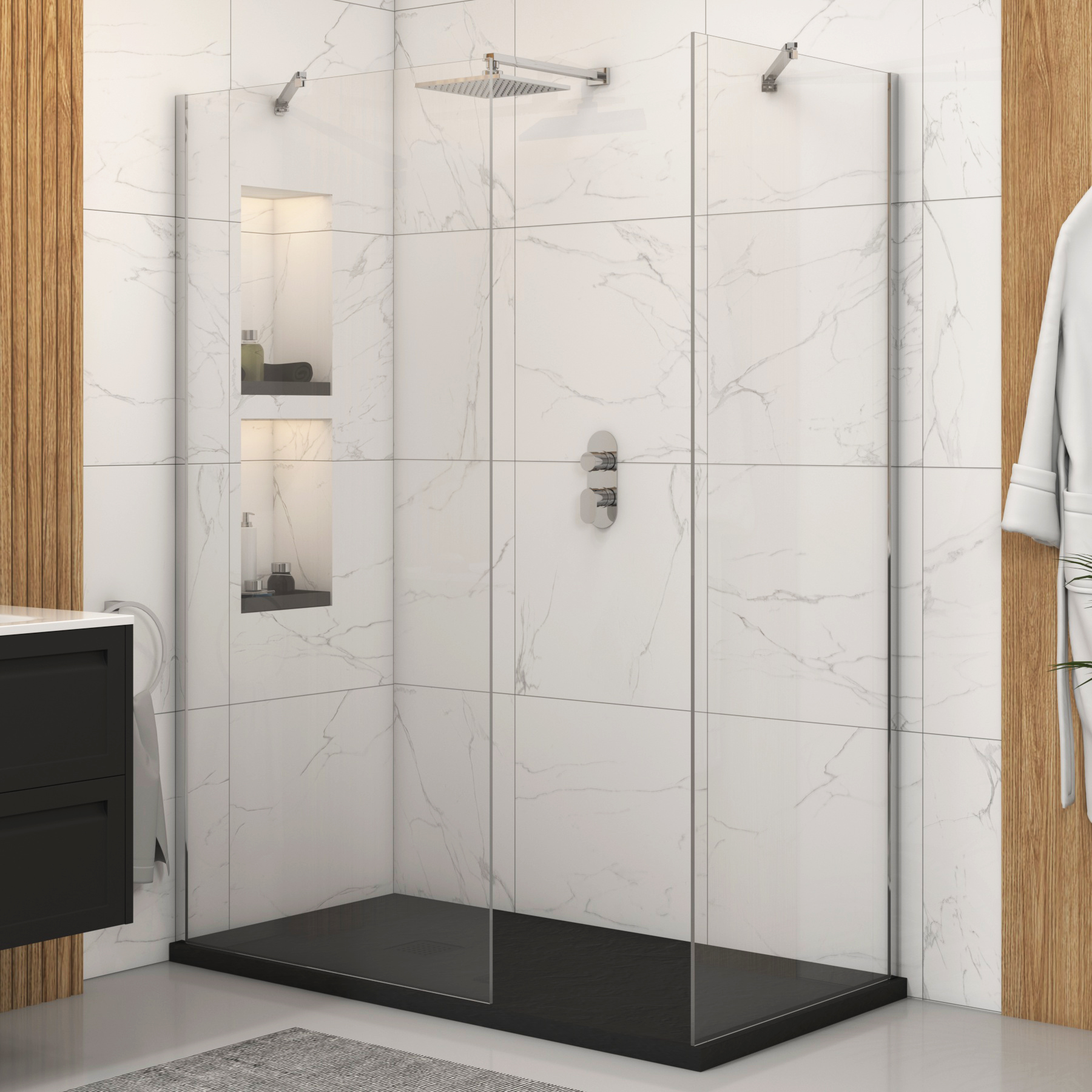 Marbella Walk In Shower Enclosure with Black Slate Effect Stone Tray 8mm Easy Clean Glass